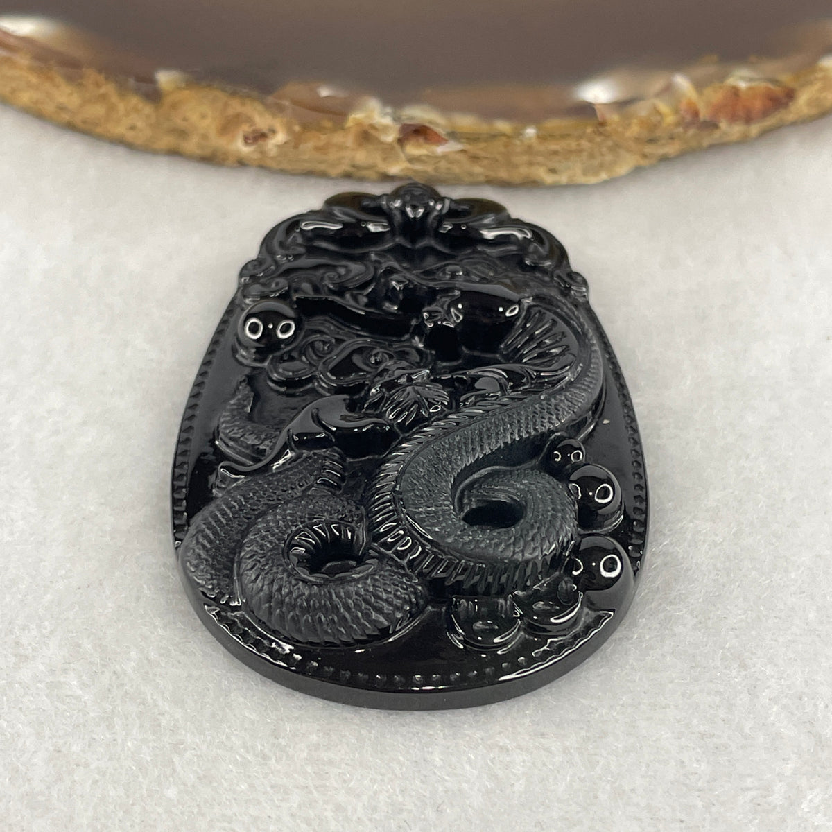 Certified Type A Opaque Black Omphacite Jadeite Snake, Bat & Ruyi Pendant | Courage, Swift Fortune & Authority Talisman (24.50g | 59.8 x 39.9 x 9.7mm)