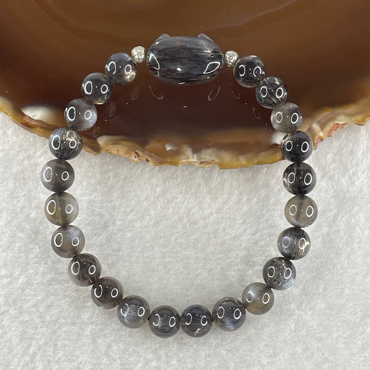 Good Grade Natural Brownish Grey Lepidolite Beads with Cat Charm Bracelet 16.10g 7.6mm 22 Beads - 18.4 by 13.2 by 7.5mm Cat Charm - Huangs Jadeite and Jewelry Pte Ltd