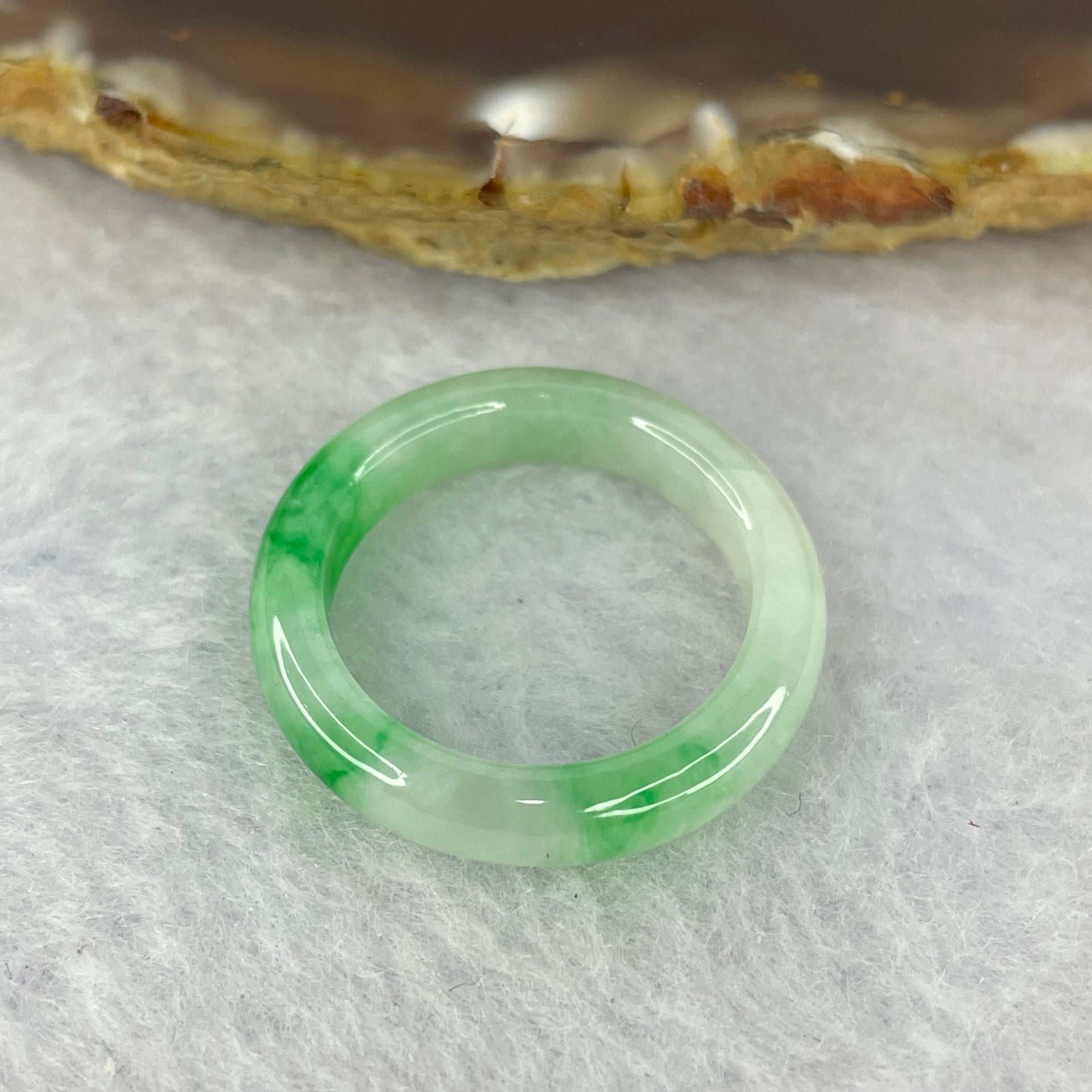 Type A Green with Spicy Green Piao Hua Jadeite Ring 3.09g by 3.5 mm by US 8.25 / HK 18 (Very Slight Internal Line) - Huangs Jadeite and Jewelry Pte Ltd