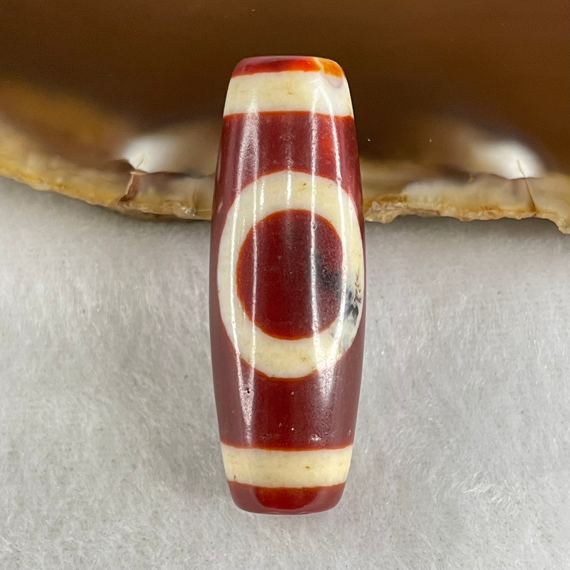 Natural Powerful Tibetan Old Oily Red White Agate One Eye Gold Metal Element Dzi Bead Heavenly Master (Tian Zhu) 一眼金天珠 10.59g 38.0 by 13.3mm - Huangs Jadeite and Jewelry Pte Ltd