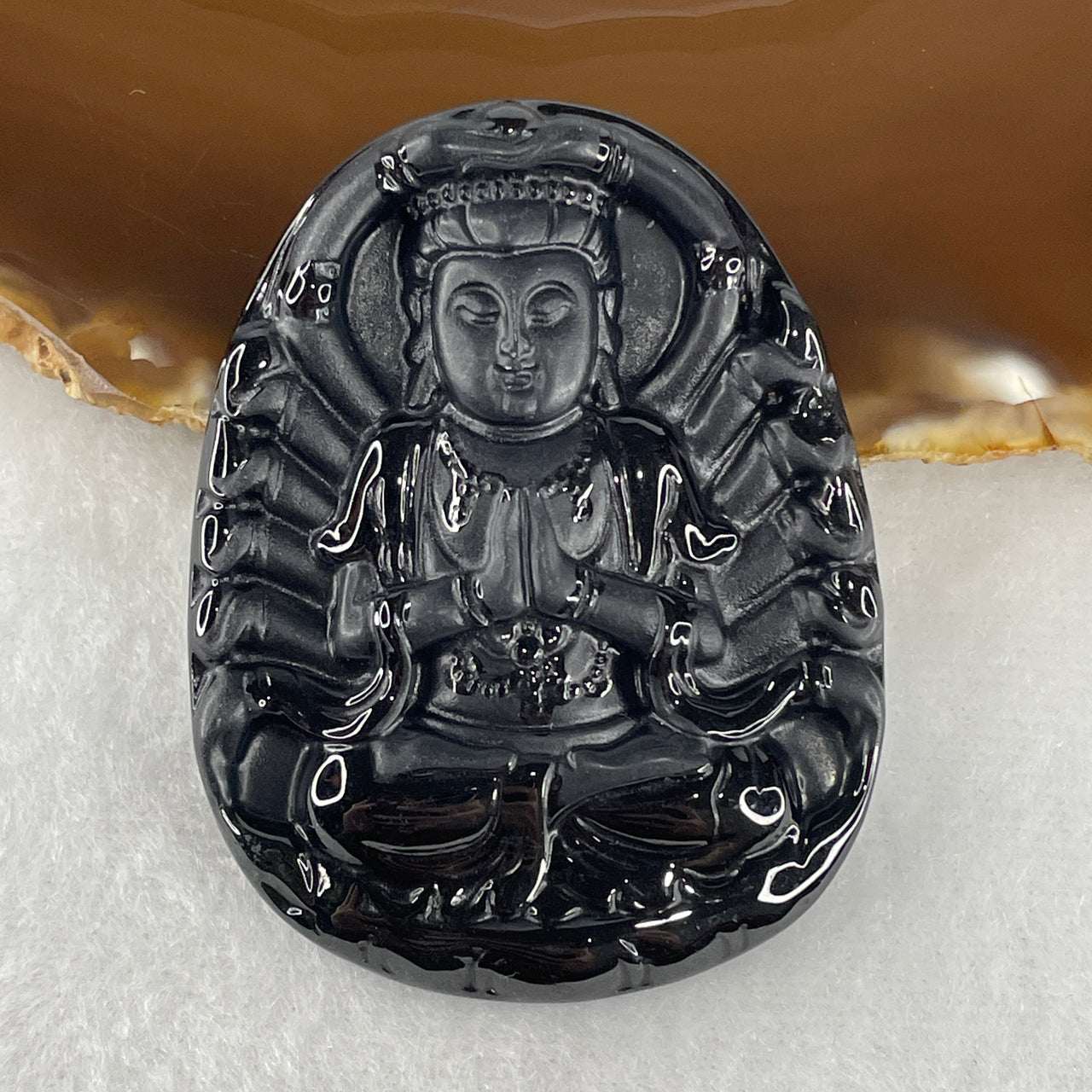 Certified Type A Opaque Black Omphacite Jadeite Thousand-Hand Guan Yin Pendant | 58mm Natural Black Jade Infinite Compassion & Protection Amulet (28.05g | 58.6 x 45.0 x 9.0mm)
