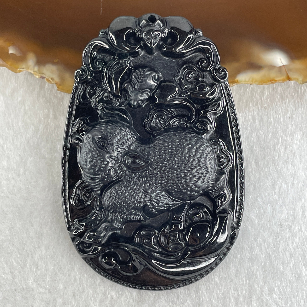 Type A Opaque to Partial Translucent Black Omphacite Jadeite Pig Pendant 26.30g 59.7 by 40.1 by 8.5mm - Huangs Jadeite and Jewelry Pte Ltd