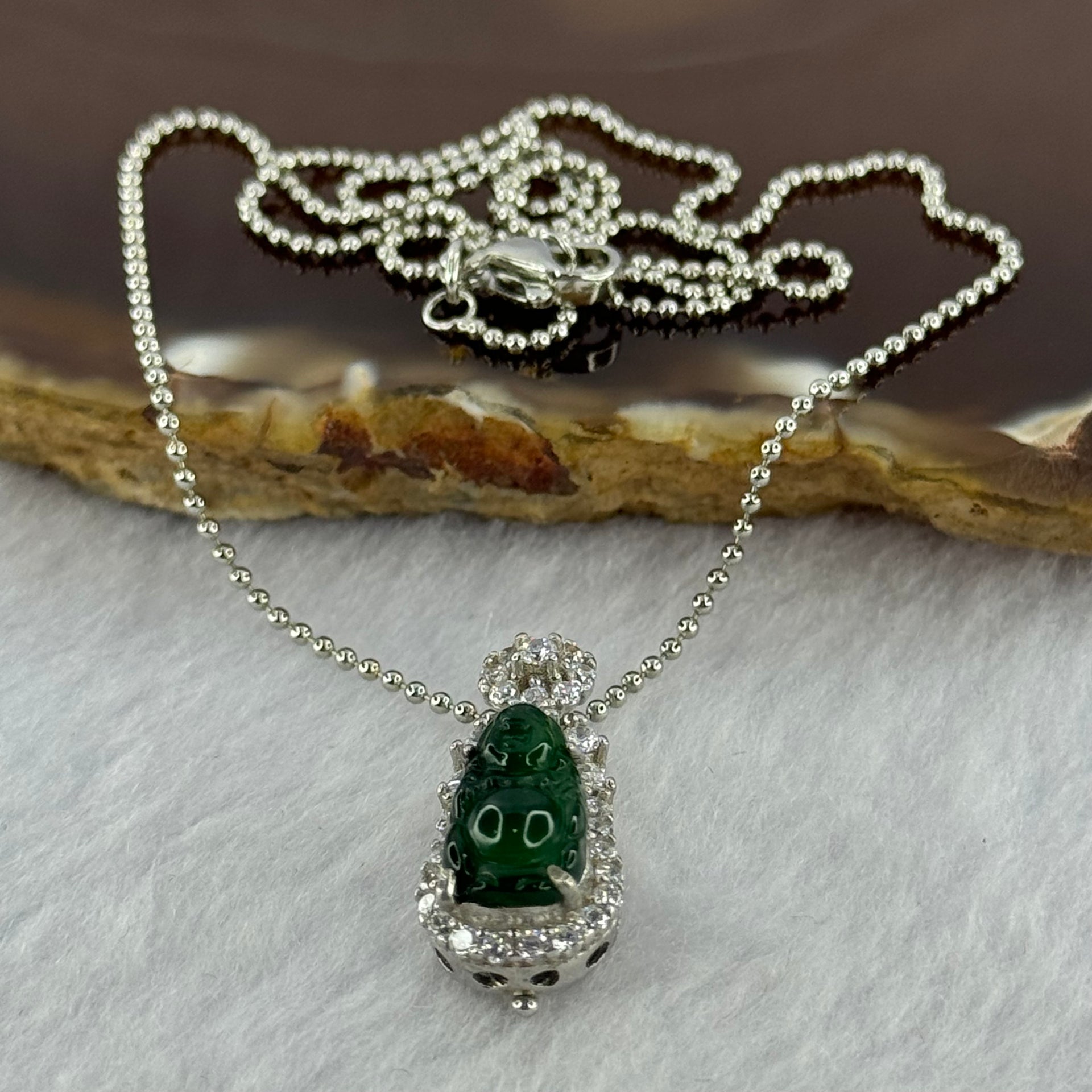 Type A Icy Green Omphasite Jadeite Milo Buddha 12.8 by 7.1 by 3.5mm with Crystals in S925 Sliver Necklace 2.87g - Huangs Jadeite and Jewelry Pte Ltd