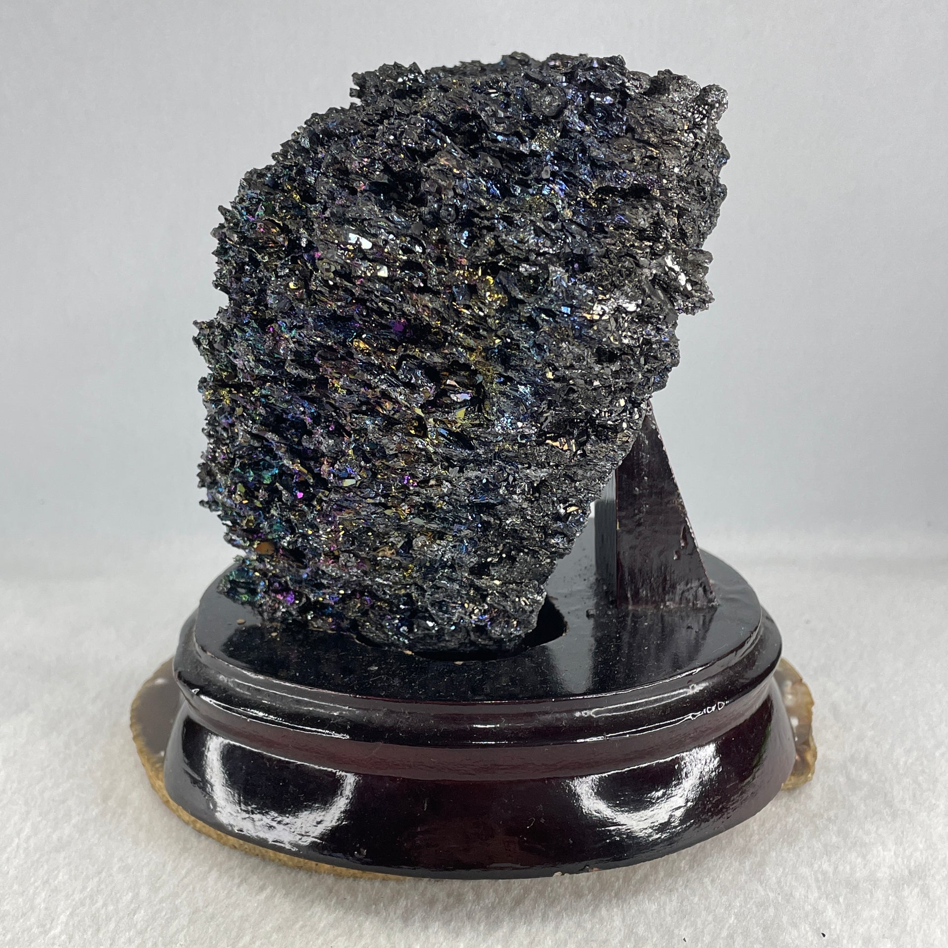 Natural Black Moissanite Rough Display with Wooden Stand 1,419.6g by 145.0 by 140.0 by 135.0mm - Huangs Jadeite and Jewelry Pte Ltd