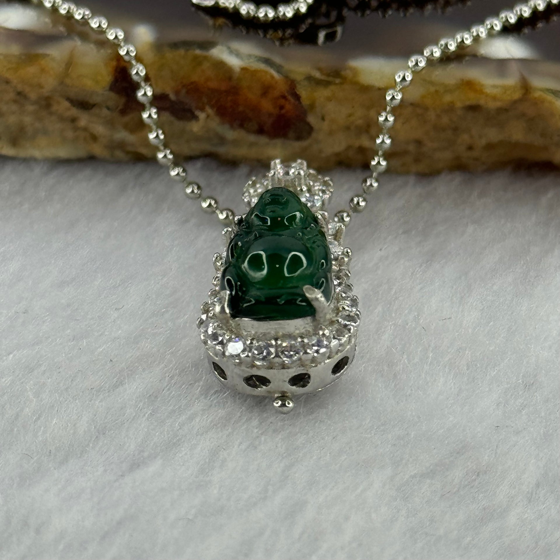 Type A Icy Green Omphasite Jadeite Milo Buddha 12.8 by 7.1 by 3.5mm with Crystals in S925 Sliver Necklace 2.87g - Huangs Jadeite and Jewelry Pte Ltd