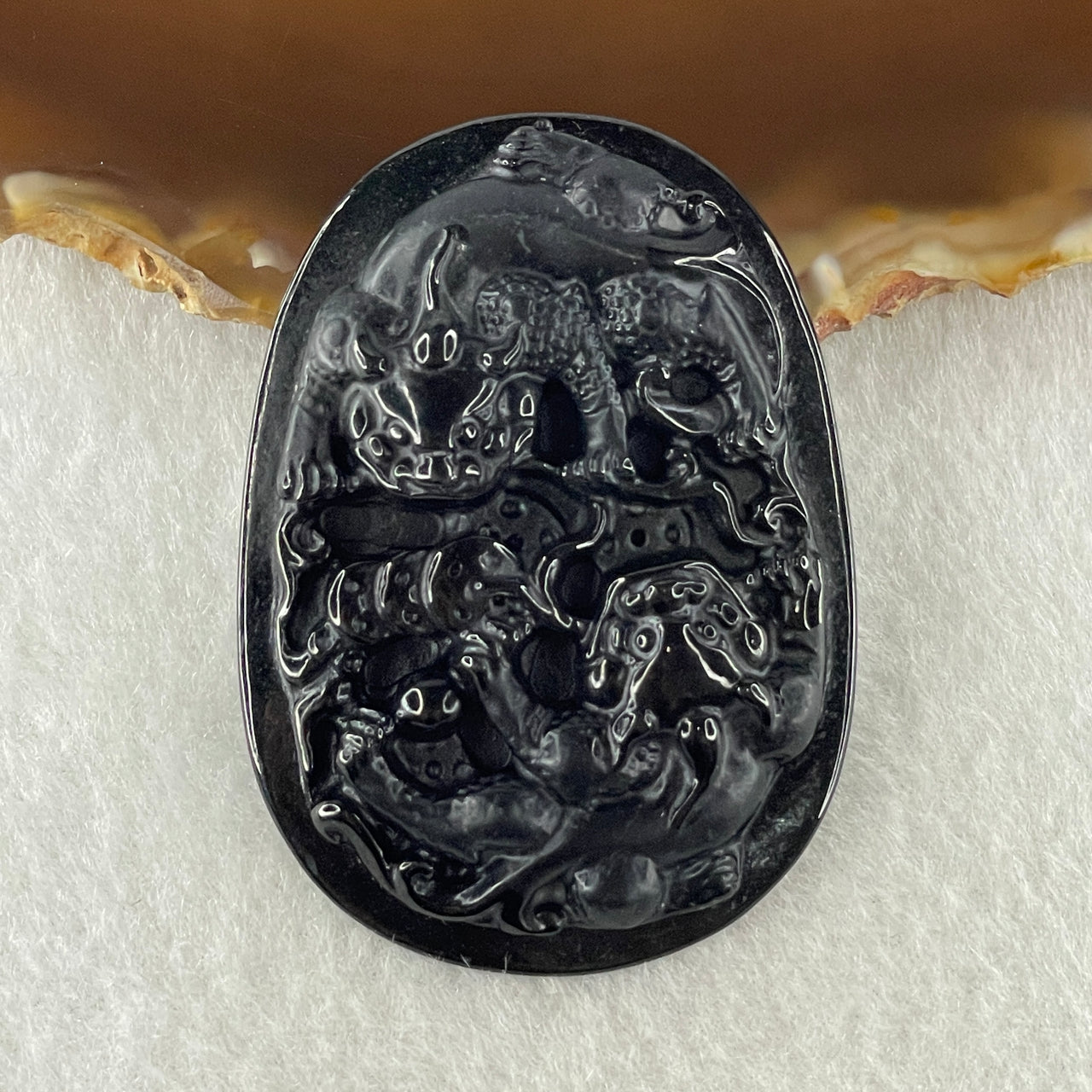 Type A Opaque to Partial Translucent Black Omphacite Jadeite Pixiu Pair with Coins Pendant 19.06g 53.4 by 38.5 by 7.6mm - Huangs Jadeite and Jewelry Pte Ltd