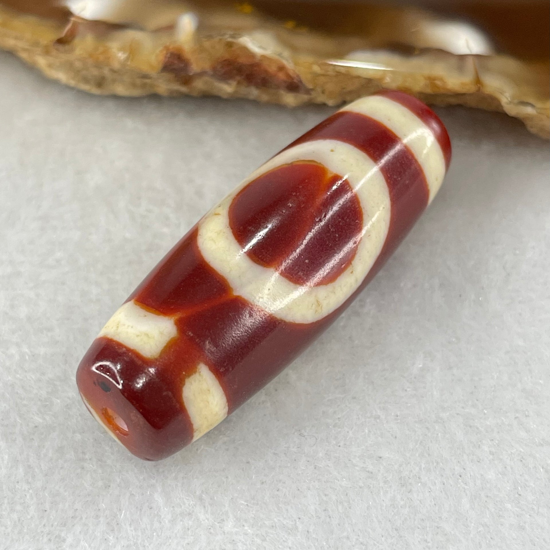Natural Powerful Tibetan Old Oily Red White Agate One Eye Fire Sign Dzi Bead Heavenly Master (Tian Zhu) 一眼火天珠 10.70g 37.4 by 13.4mm - Huangs Jadeite and Jewelry Pte Ltd