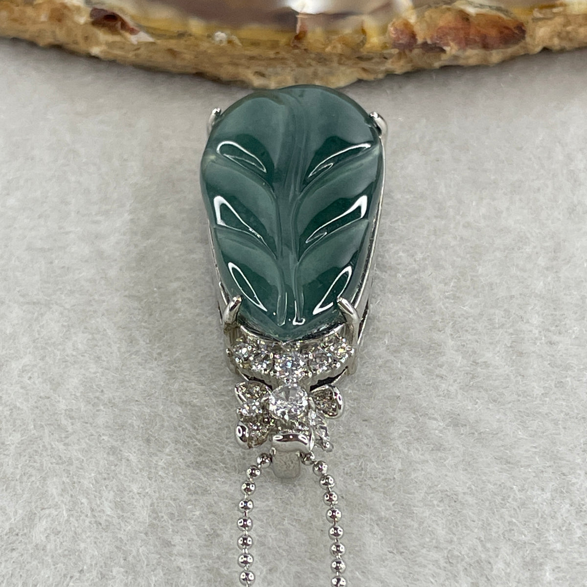Natural Type A Blueish Green Jadeite Leaf Necklace in S925 Silver | (9.64g | 44cm S925 | 29.8 x 16.5 x 3.5mm | Career Success & Growth Anchor, Feng Shui Prosperity & Executive Charm Necklace) - Huangs Jadeite and Jewelry Pte Ltd