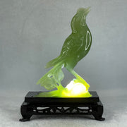Natural Green Serpentine Javan Mynah Birds on Tree with Wooden Stand Display 353.6g 122.0 by 174.0 by 63.5mm - Huangs Jadeite and Jewelry Pte Ltd