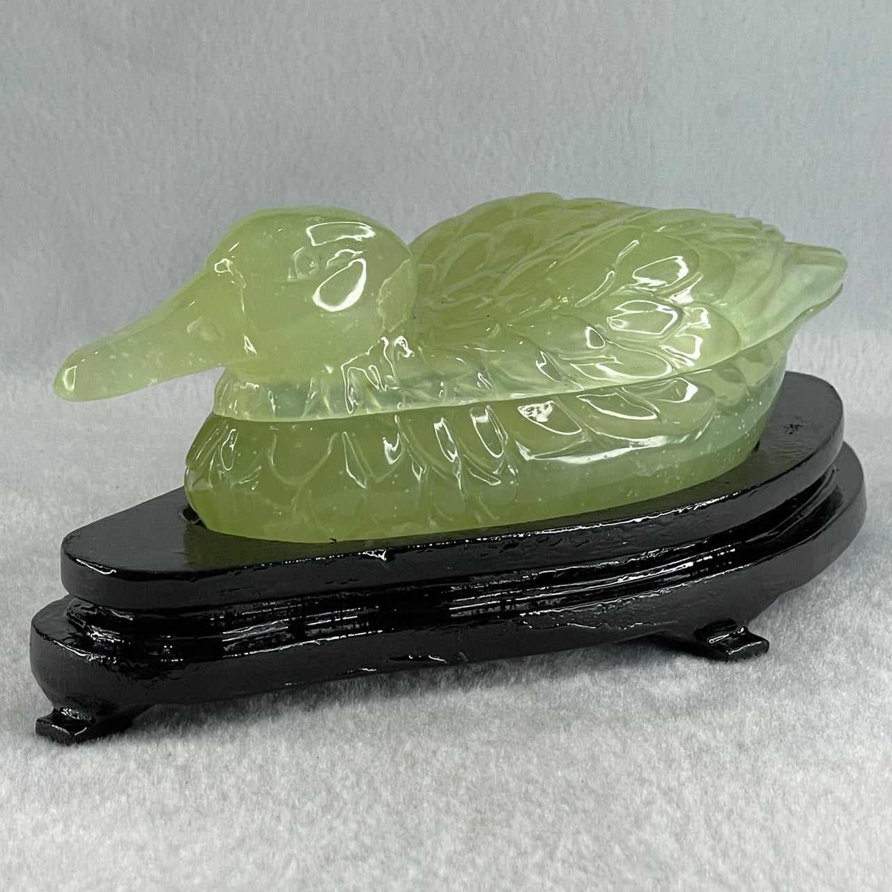 Natural Icy Green Serpentine Mandarin Duck Pot with Wooden Stand Display 477.9g 185.0 by 76.0 by 100.0mm