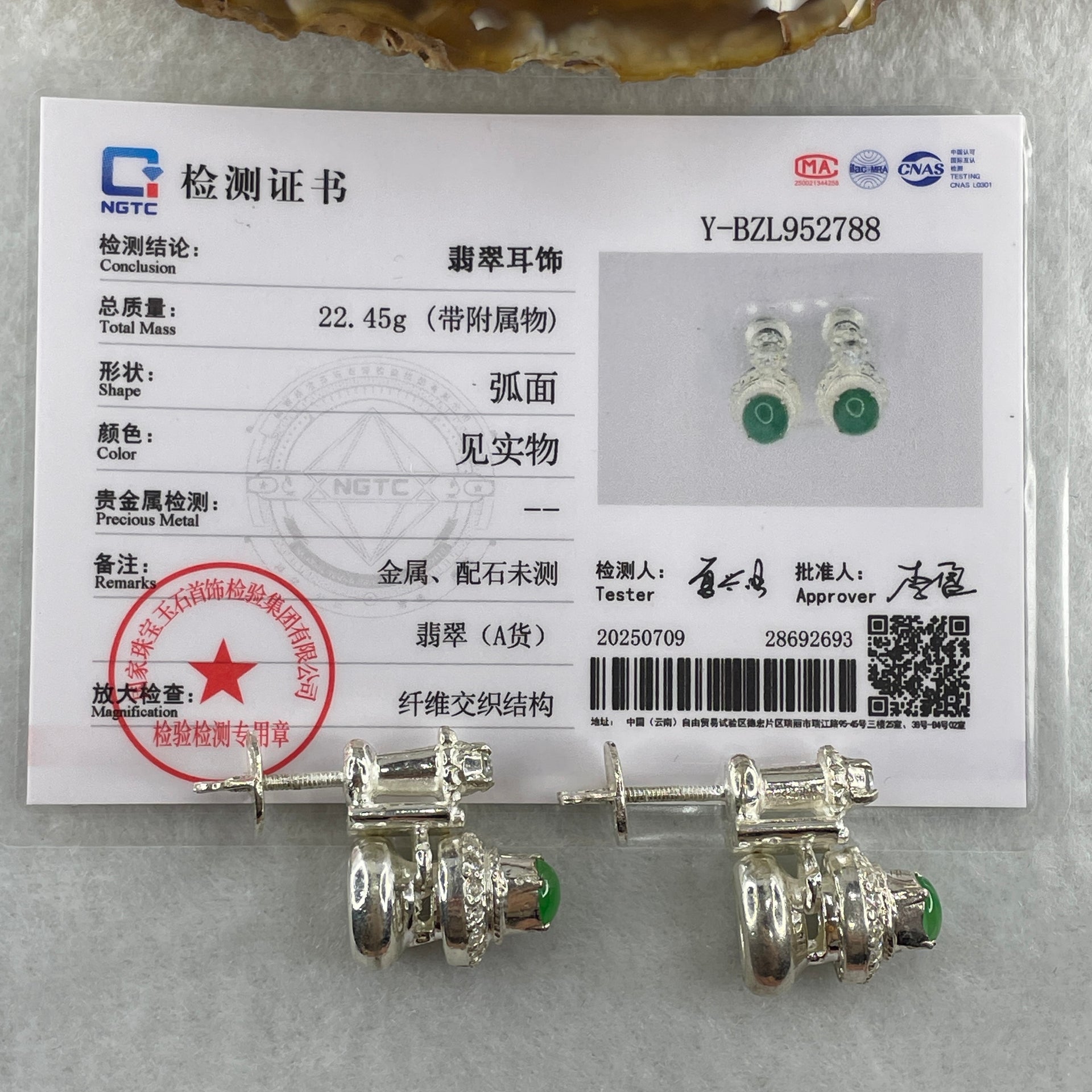 Type A Natural Semi Icy Green Jadeite Cabochon 6.2 by 5.5 by 2.5m Stone for Setting 22.45g (On Silver Earrings Mold) - Huangs Jadeite and Jewelry Pte Ltd