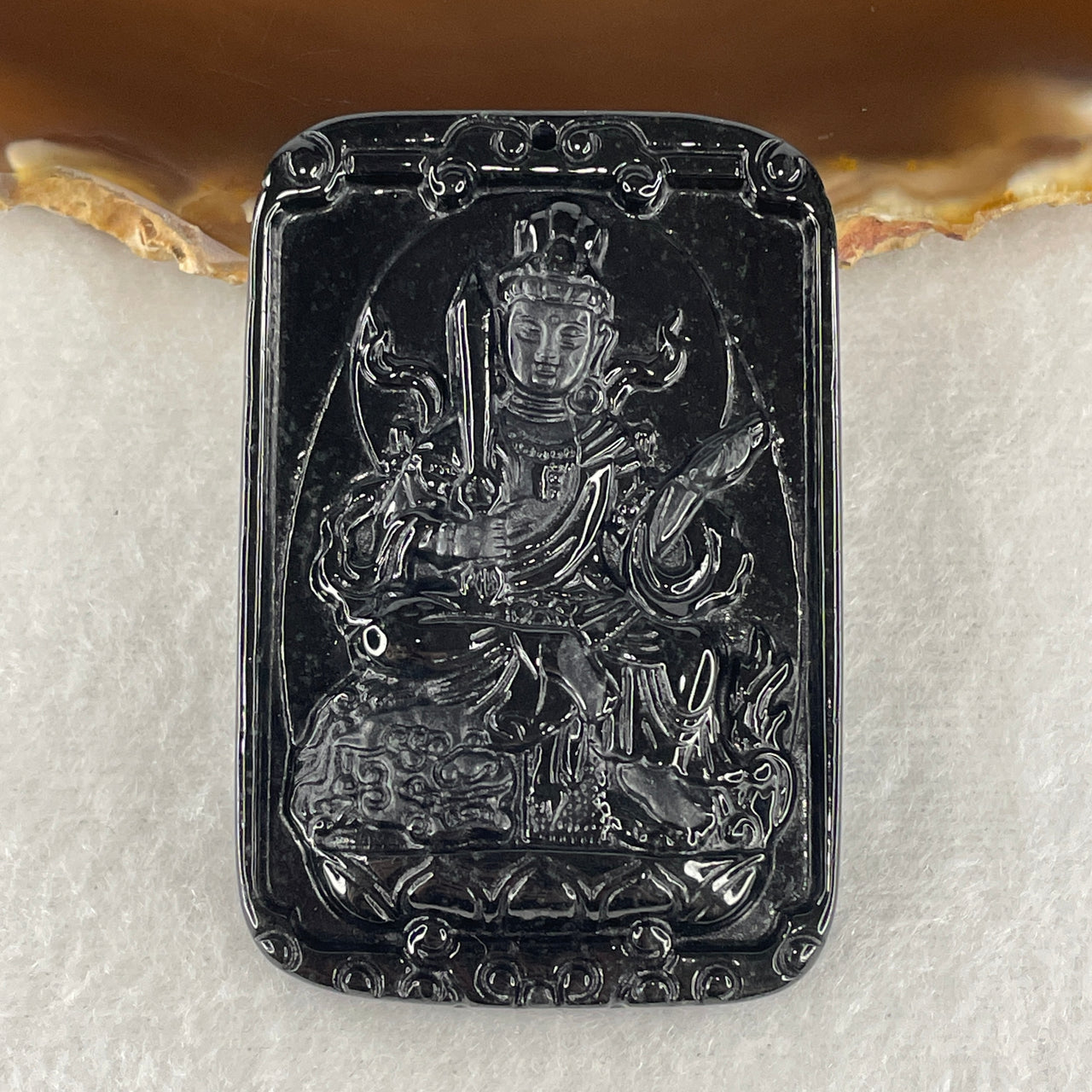Wisdom, Protection Amulet - Certified Natural Type A Black Omphacite Jadeite Manjusri Bodhisattva Pendant 26.52g 56.1 by 37.7 by 9.0mm
