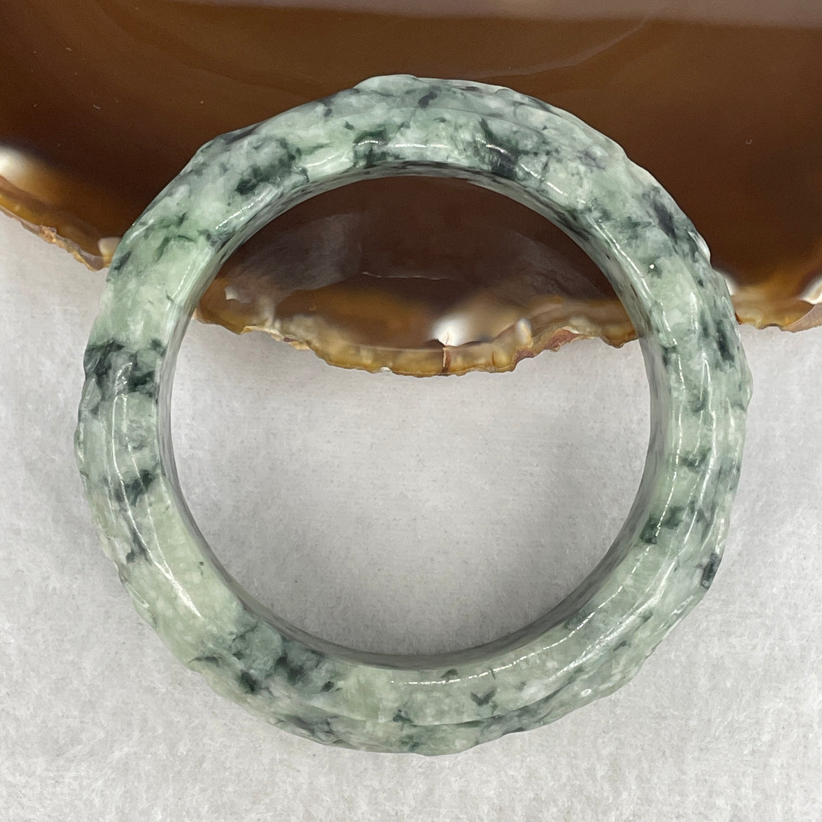 Natural Green with Dark Green Piao Hua Serpentine Carved Bangle | 56.5mm Inner Diameter (85.55g | 16.6×11.0mm |  Heart & Root Chakra Balance, Floating Floral Vitality & Protection Shield) (External Rough)