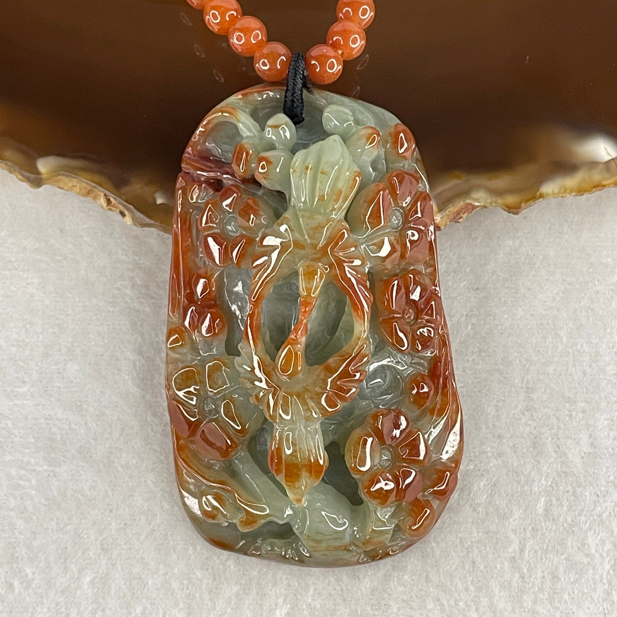 Natural Type A Red & Green Jadeite Twin Birds with Prosperity Flowers Pendant Necklace | 56cm Strand of 121 Beads 5.1mm Red Jadeite Beads (73.10g | 60.8×38.0×15.9mm | Dual Chakra Vitality, Marital Harmony & Bountiful Wealth Shield)