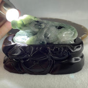 Natural Type A Light Green Light Lavender with Dark Green Patches Jadeite Ox with Wooden Stand Display 341.7g 116.5 by 73.9 by 66.0mm - Huangs Jadeite and Jewelry Pte Ltd