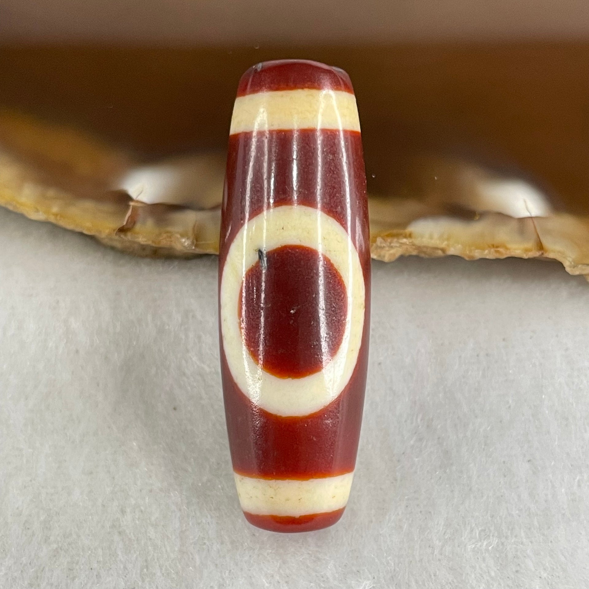 Natural Powerful Tibetan Old Oily Red White Agate One Eye Gold Metal Element Dzi Bead Heavenly Master (Tian Zhu) 一眼金天珠 9.24g 37.8 by 12.6mm - Huangs Jadeite and Jewelry Pte Ltd
