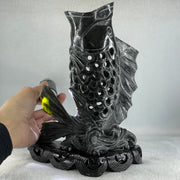 Natural Dark Green Serpentine Carp Fish with Wooden Stand Display 1,119.0g 175.0 by 100.0 by 240.0mm - Huangs Jadeite and Jewelry Pte Ltd