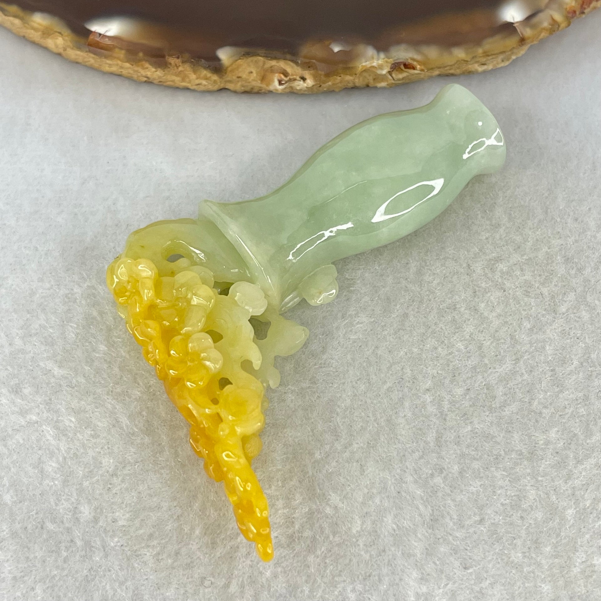 Type A Light Green with Yellow Jadeite Vase with Prosperity Flowers Pendant / Display 28.78g 59.0 by 49.7 by 14.1mm with Wooden Stand - Huangs Jadeite and Jewelry Pte Ltd