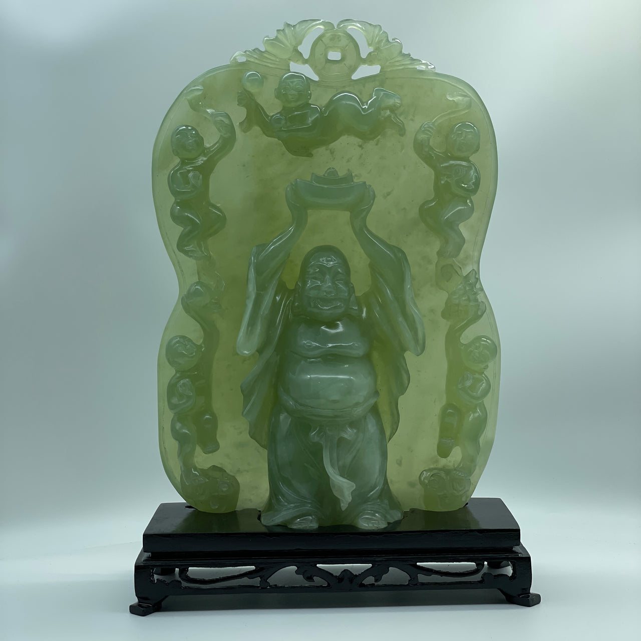 Natural Light Green Serpentine Milo Buddha with 5 Tong Zi Golden Boy with 5 Treasures and Bats with Coin Display 3,705.0g 240.0 by 110.0 by 360.0mm