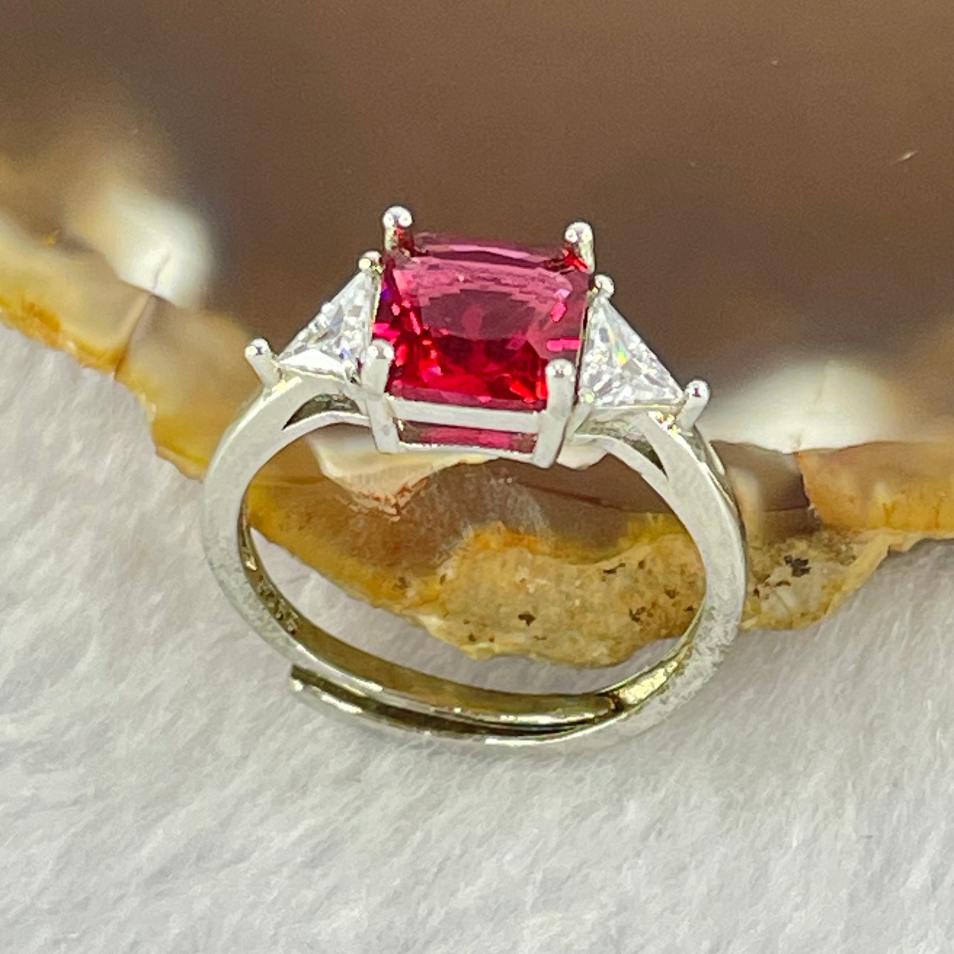Red and Colourless Cubic Zirconia in S925 Sliver Ring (Adjustable Size) 1.85g 7.3 by 6.9 by 4.5mm - Huangs Jadeite and Jewelry Pte Ltd