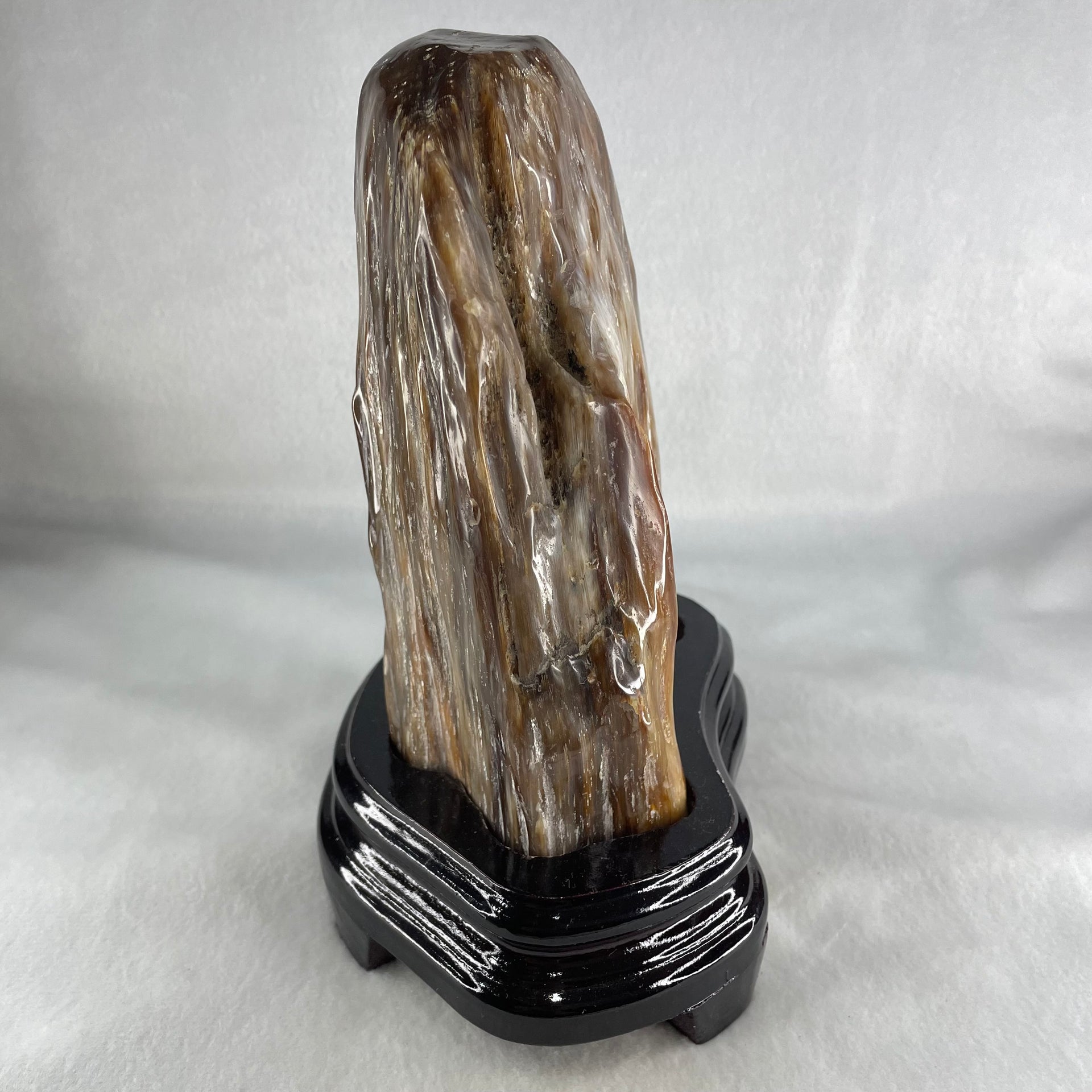 Natural Fossilised Petrified Wood Tower with Wooden Stand Display 1722.7g 185.0 by 146.2 by 110.0mm - Huangs Jadeite and Jewelry Pte Ltd