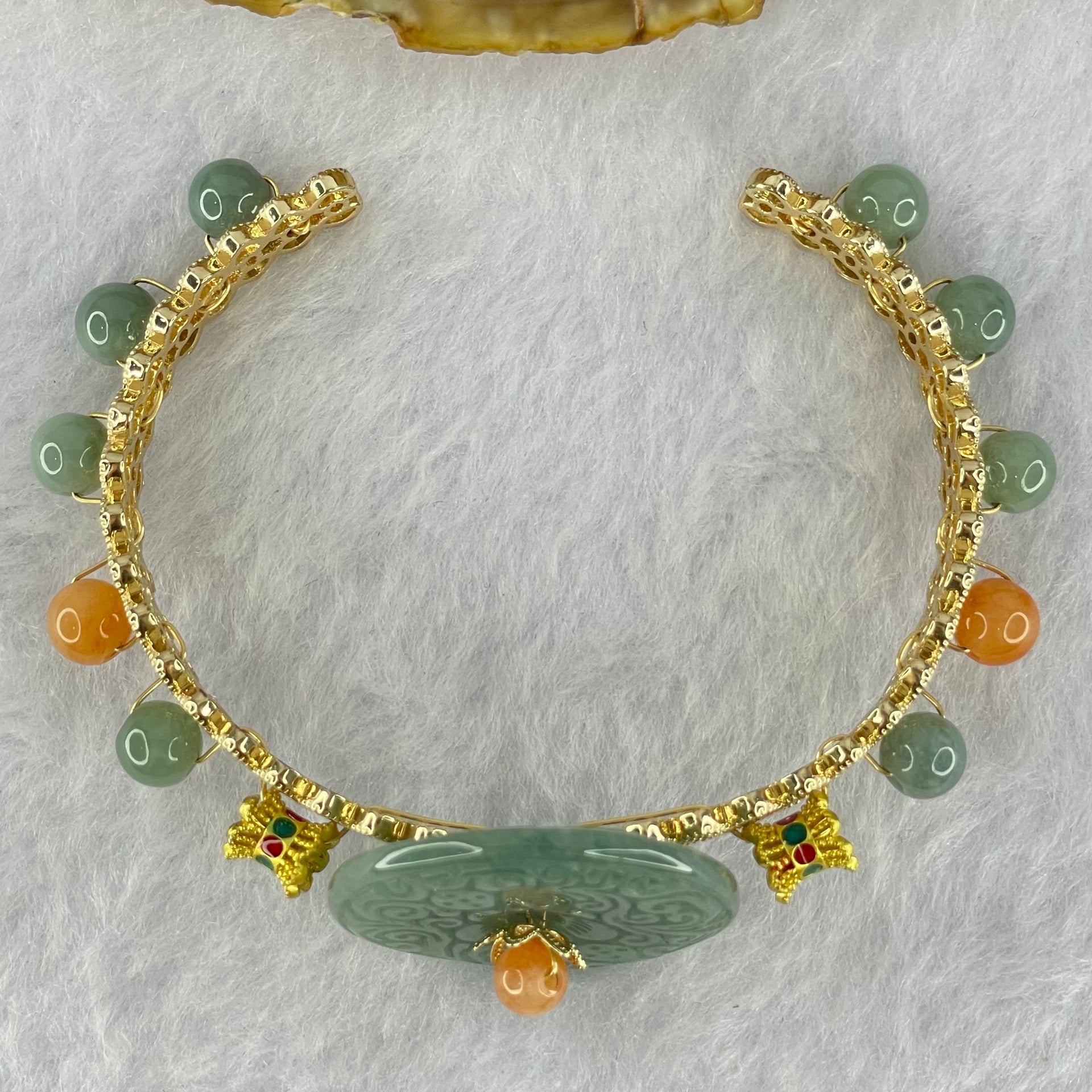 Type A Blueish Green Jadeite Floral Ping An Kou and Beads 18.64g 27.9 by 3.9mm 6.0mm 10 Beads - Huangs Jadeite and Jewelry Pte Ltd