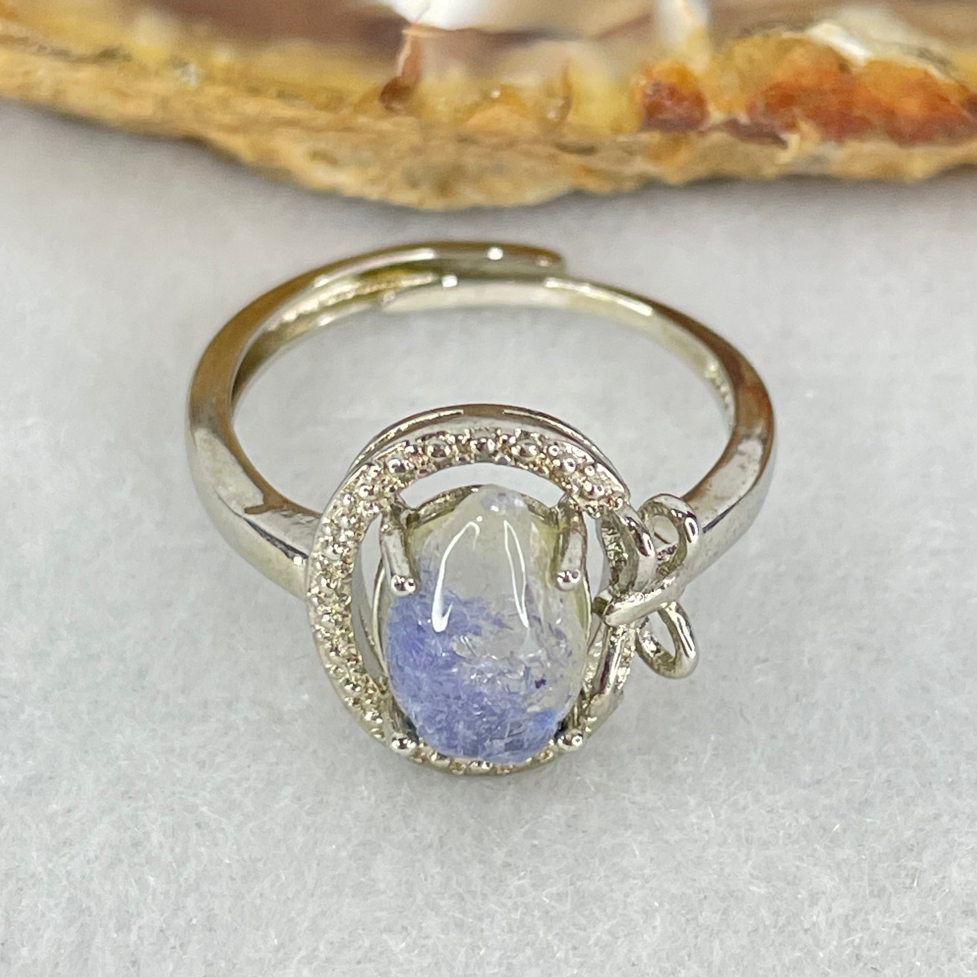 Rare Good Grade Natural Blue Dumortierite Rutilated Quartz in S925 Sliver Ring (Adjustable Size) 2.23g 9.8 by 6.7 by 3.6mm - Huangs Jadeite and Jewelry Pte Ltd