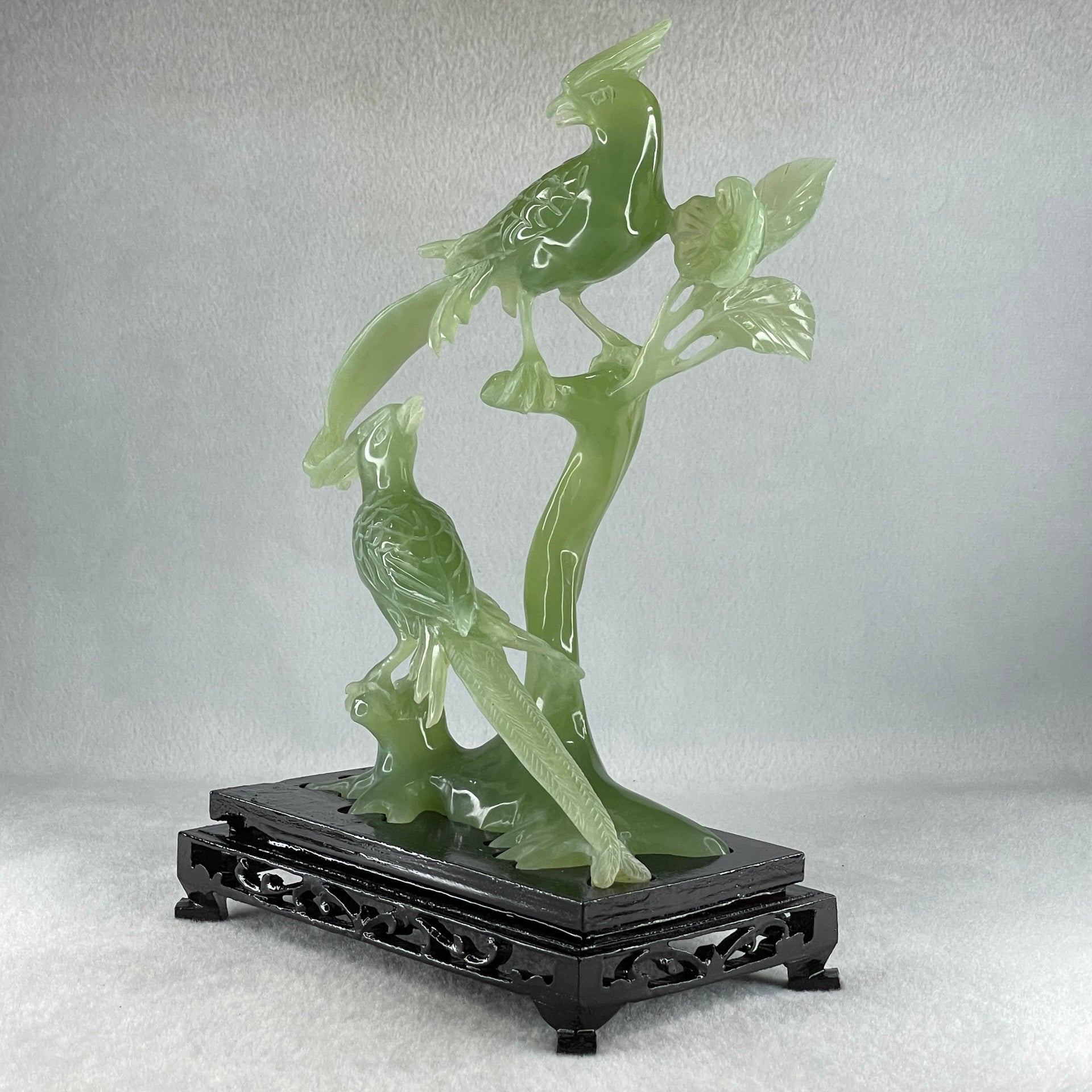 Natural Green Serpentine Double Phoenix on Tree with Wooden Stand Display 561.4g 165.0 by 246.0 by 102.0mm - Huangs Jadeite and Jewelry Pte Ltd