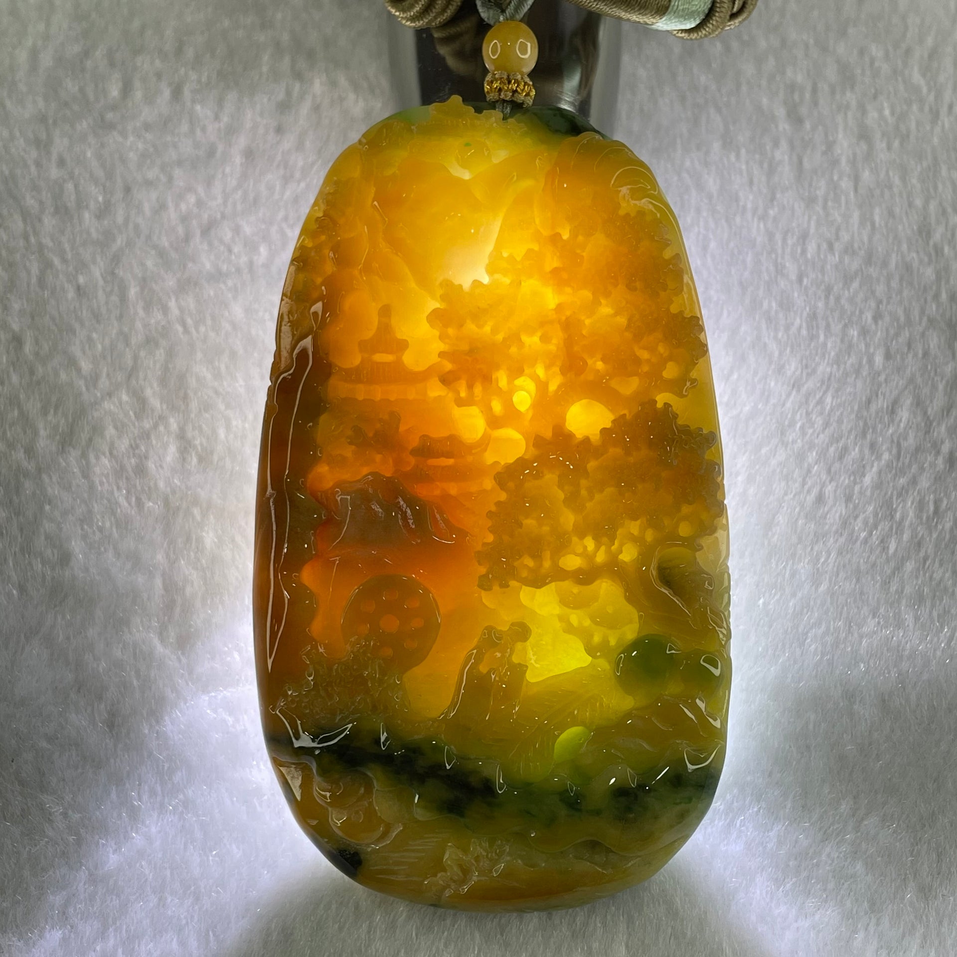 Grandmaster Type A Yellowish Brown with Green and Lavender Patches Jadeite Shan Shui with Double Benefactor 禅悟 Pendant 98.00g 81.3 by 47.3 by 10.5mm - Huangs Jadeite and Jewelry Pte Ltd