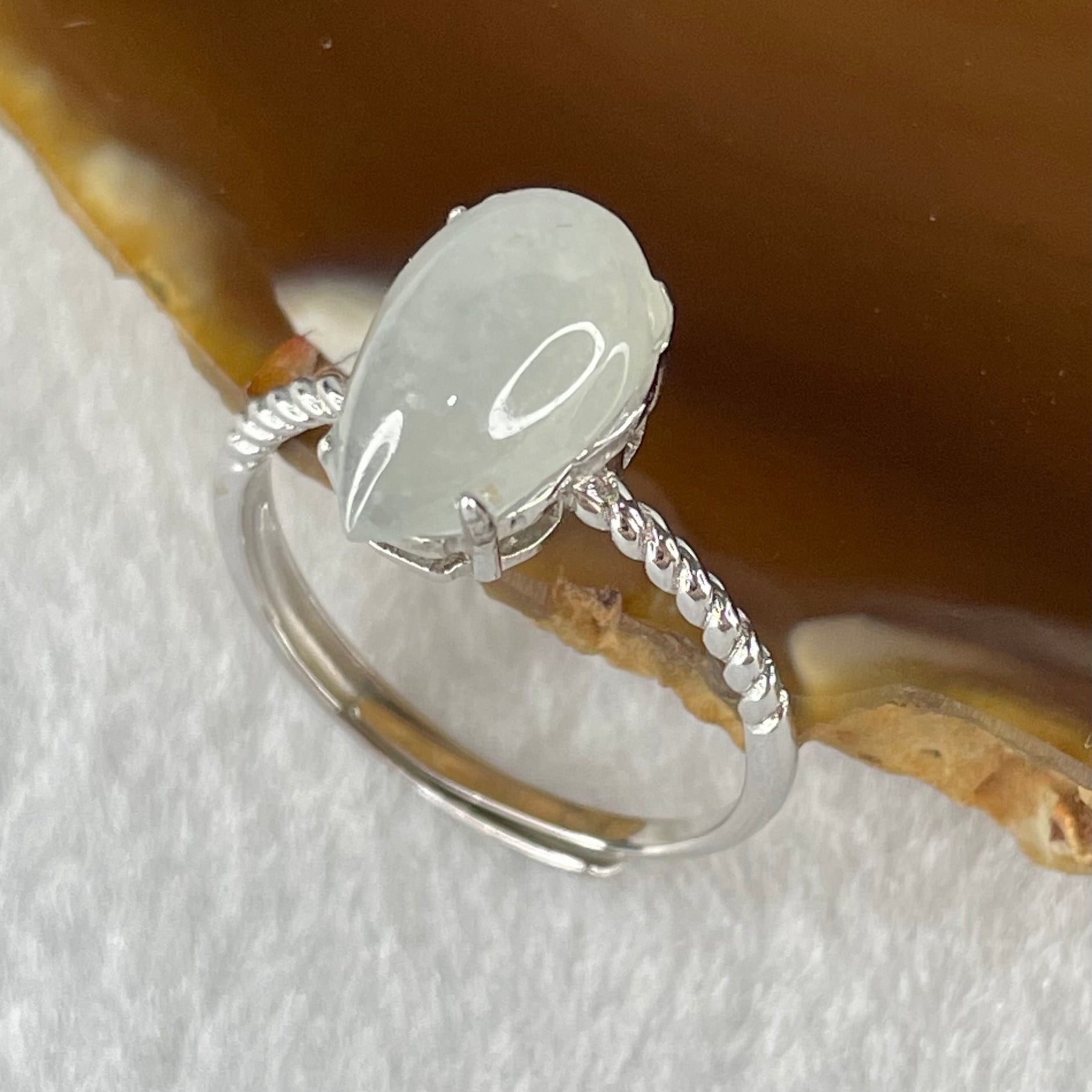 Type A Semi Icy Faint Lavender Tear Drop Shape Cabochon Jadeite in S925 Sliver Ring (Adjustable Size) 2.21g 12.4 by 7.4 by 5.0mm - Huangs Jadeite and Jewelry Pte Ltd