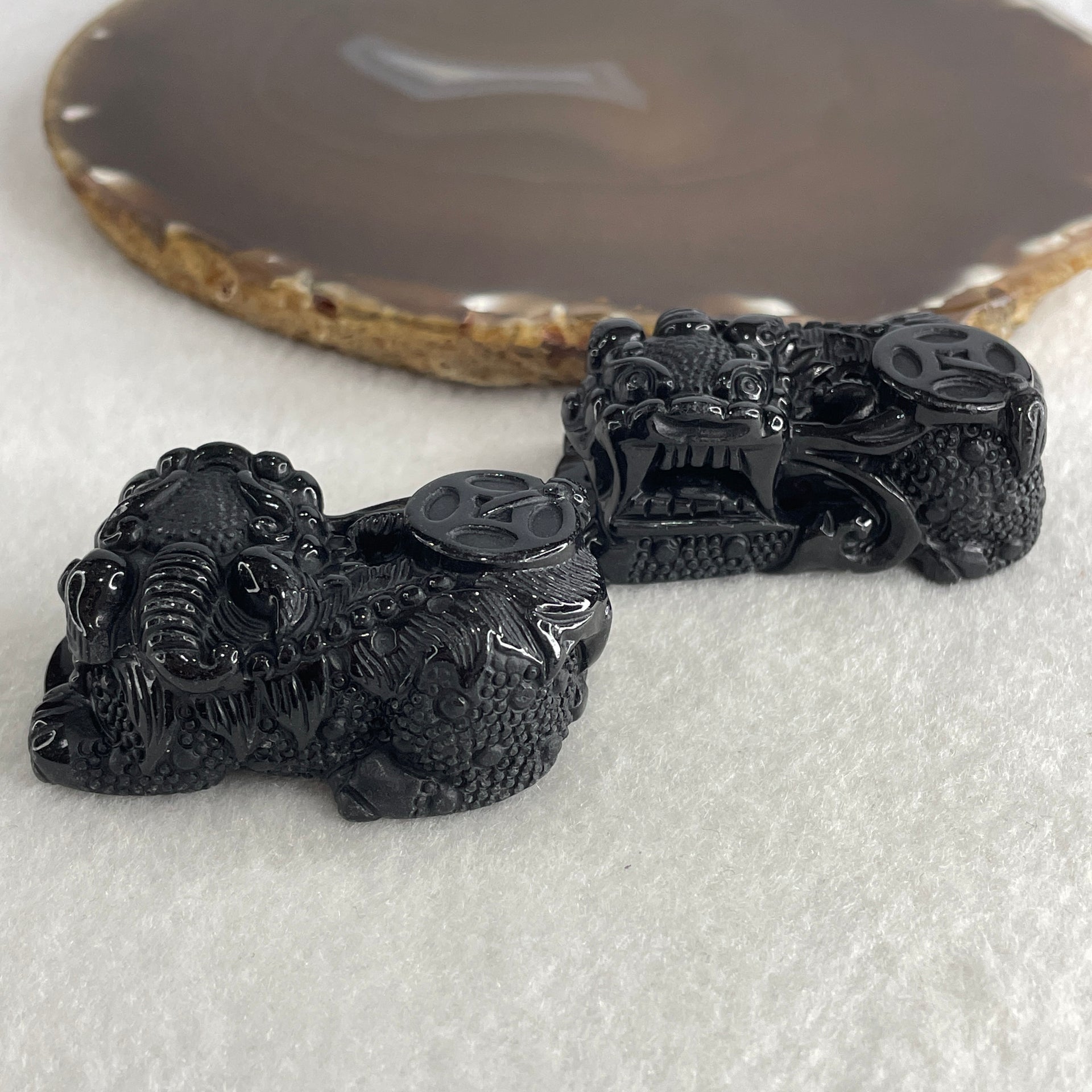 Certified Natural Type A Black Omphacite Jadeite Pixiu pair Pendant Each About 62.04g 50.6 by 28.6 by 21.4mm And 64.08g 50.0 by 27.5 by 22.7mm - Huangs Jadeite and Jewelry Pte Ltd