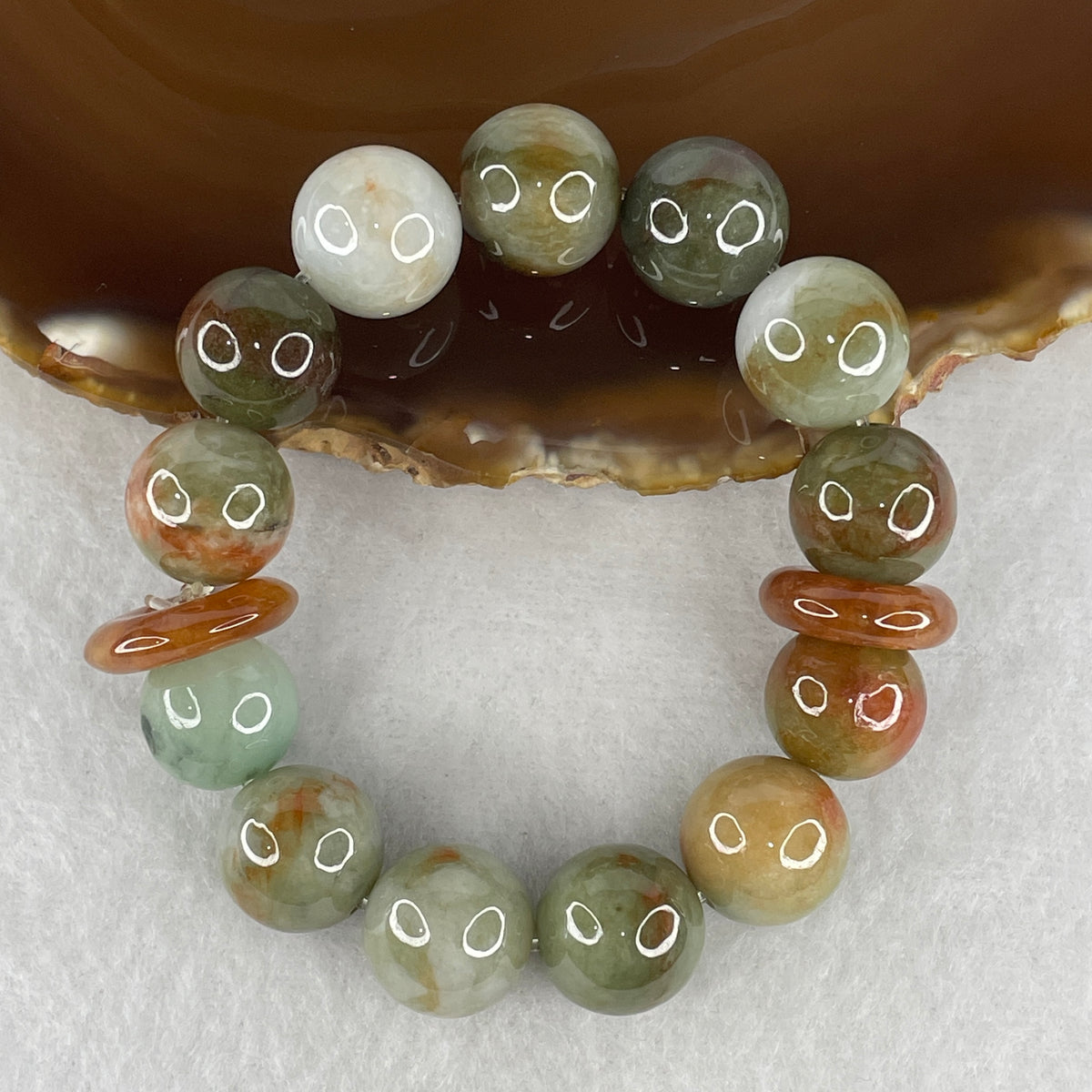 Certified Natural Type A Green & Brownish Red Jadeite Beads Bracelet | 13.5cm with 17.2 x 4.3mm 2 "Ping An Kou" Donuts (57.73g | 12 Beads 13.5mm | Wood-Fire Harmony, Infinite Wealth & Sovereign Protection)