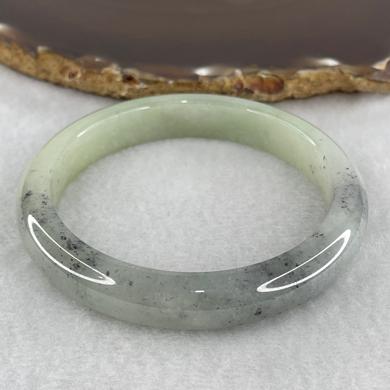 Certified Type A Jelly Light Green with Wuji Grey Jadeite Bangle | Untreated Dewy Guo Gao Charcoal Wuji Fei Cui Bangle (46.70g | Inner Diameter 58.2mm | 10.8 x 7.5mm | Close to Perfect)
