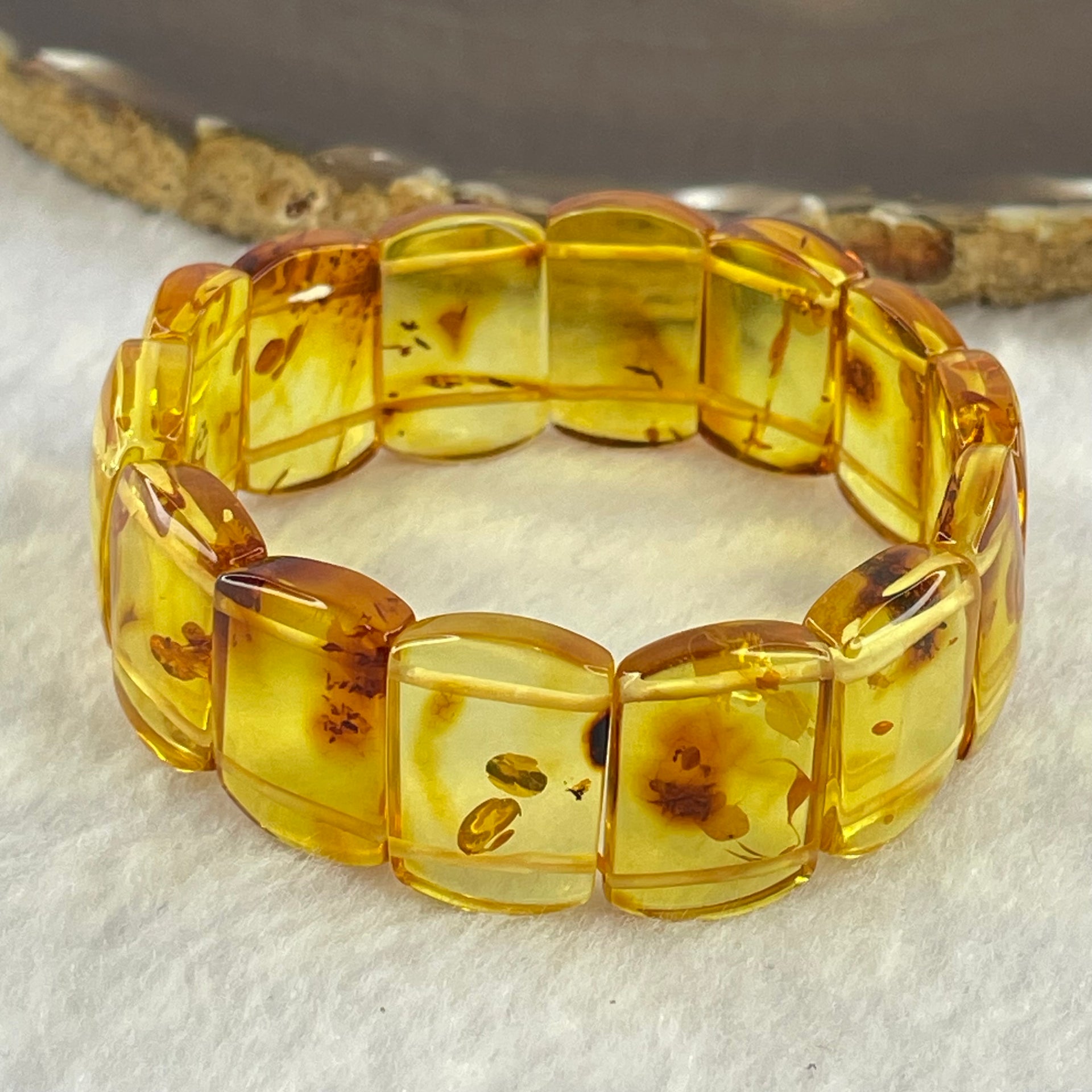 Natural Yellow Flower Amber Shou Pai Bracelet 天然花珀手牌手链 15.96g 16cm 19.8 by 14.4 by 5.1mm 14pcs - Huangs Jadeite and Jewelry Pte Ltd