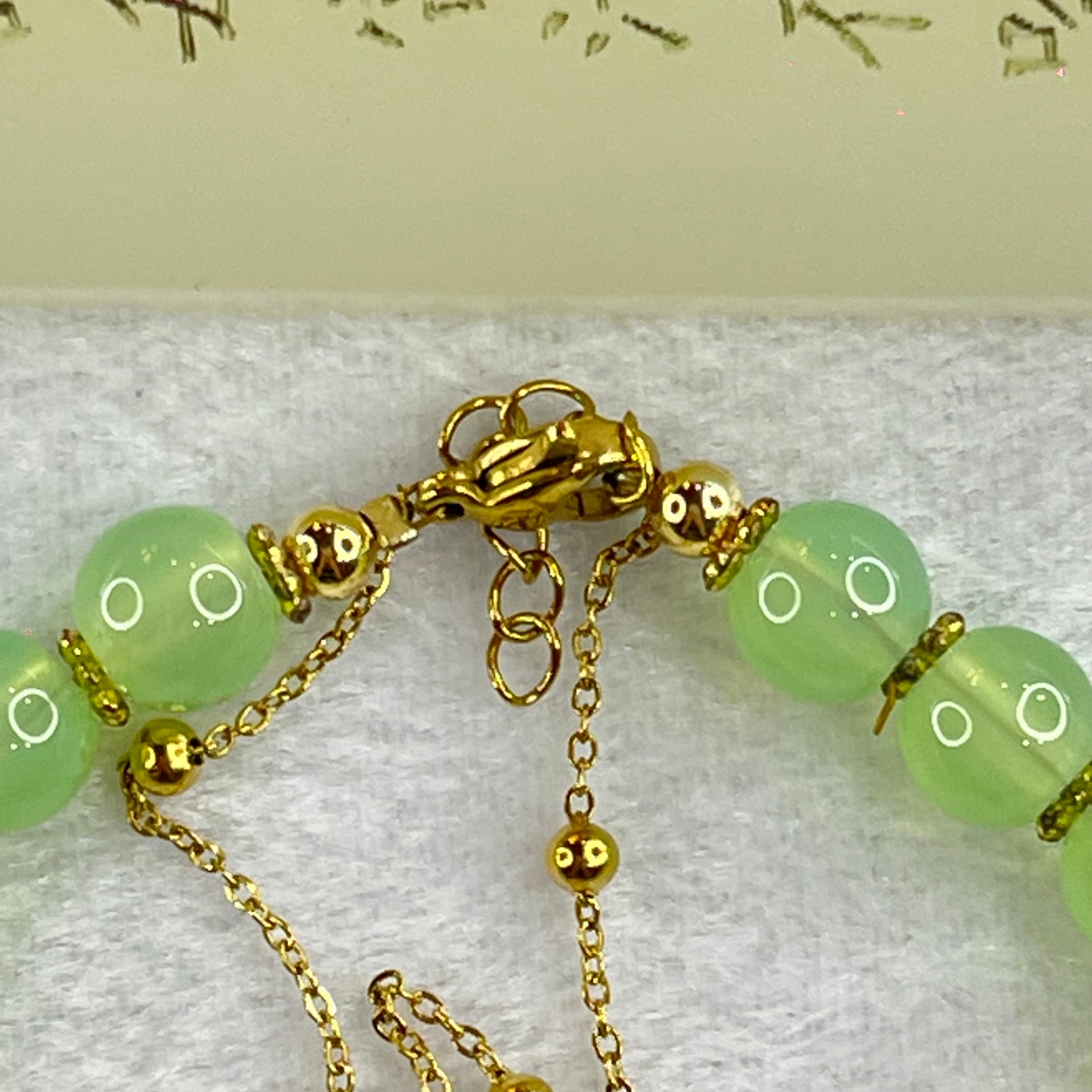 Green Chalcedony Beads and Peanut in Gold Color Bracelet 15.97g 14cm 8.1mm 16 Beads - Huangs Jadeite and Jewelry Pte Ltd