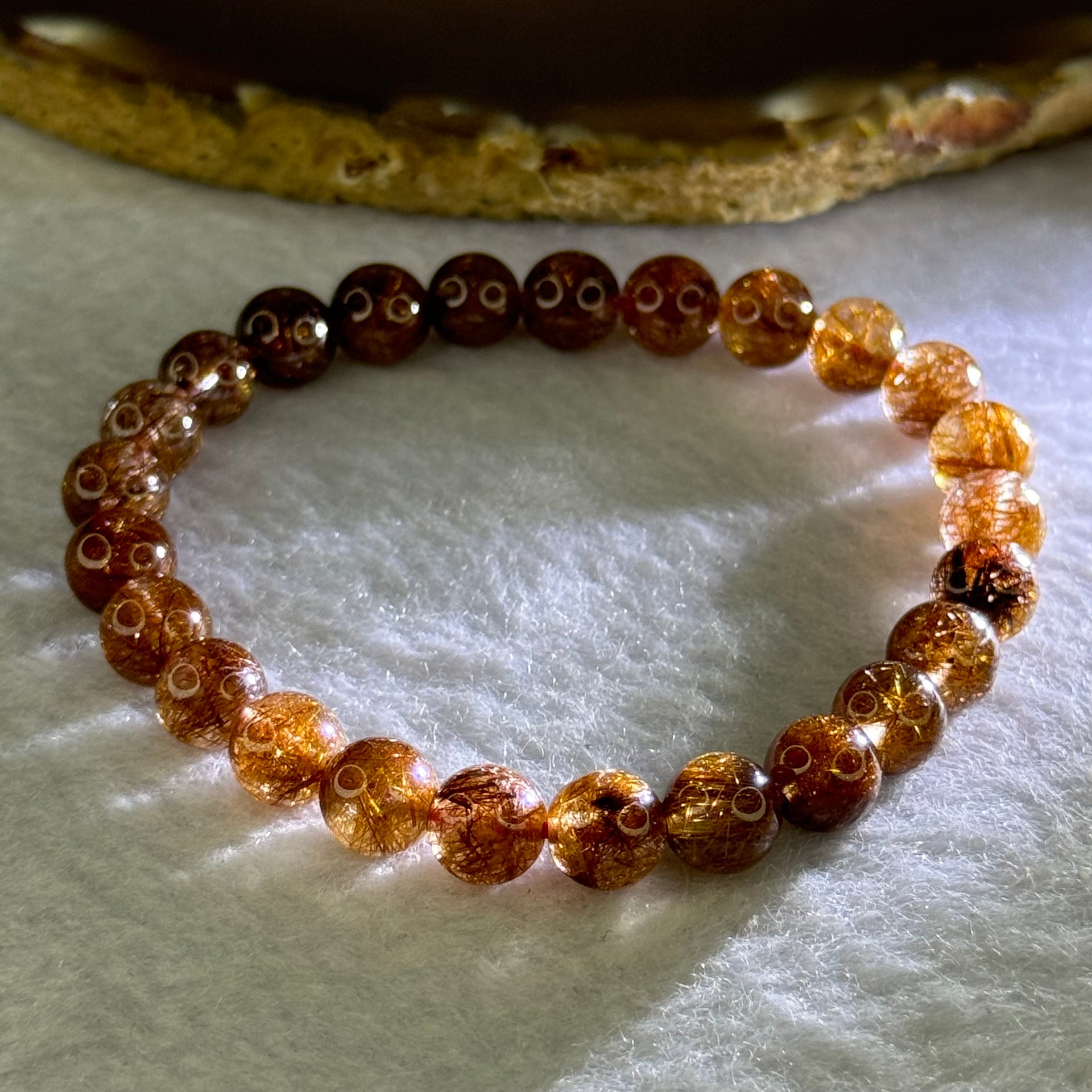 Natural Copper Rutilated Quartz Beads Bracelet 天然銅髮晶手镯 16.22g 16cm 7.9mm 25 Beads - Huangs Jadeite and Jewelry Pte Ltd