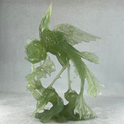 Natural Icy Light Green Serpentine Phoenix on Tree with Twin Birds and Flower with Wooden Stand Display 710.1g 169.0 by 262.0 by 84.0mm - Huangs Jadeite and Jewelry Pte Ltd