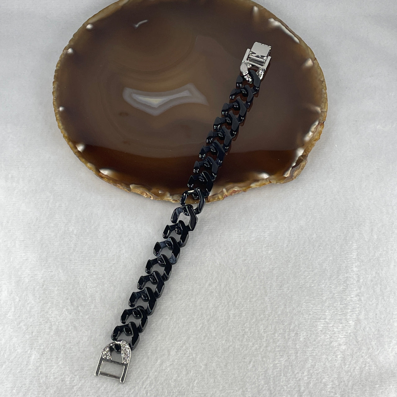 Certified Natural Type A Black Omphacite Jadeite Cuban Tennis Bracelet with Sliver Color and Cubic Zirconia Clasp 28.78g Up to 19cm 14.0 by 5.0mm 17 Pcs