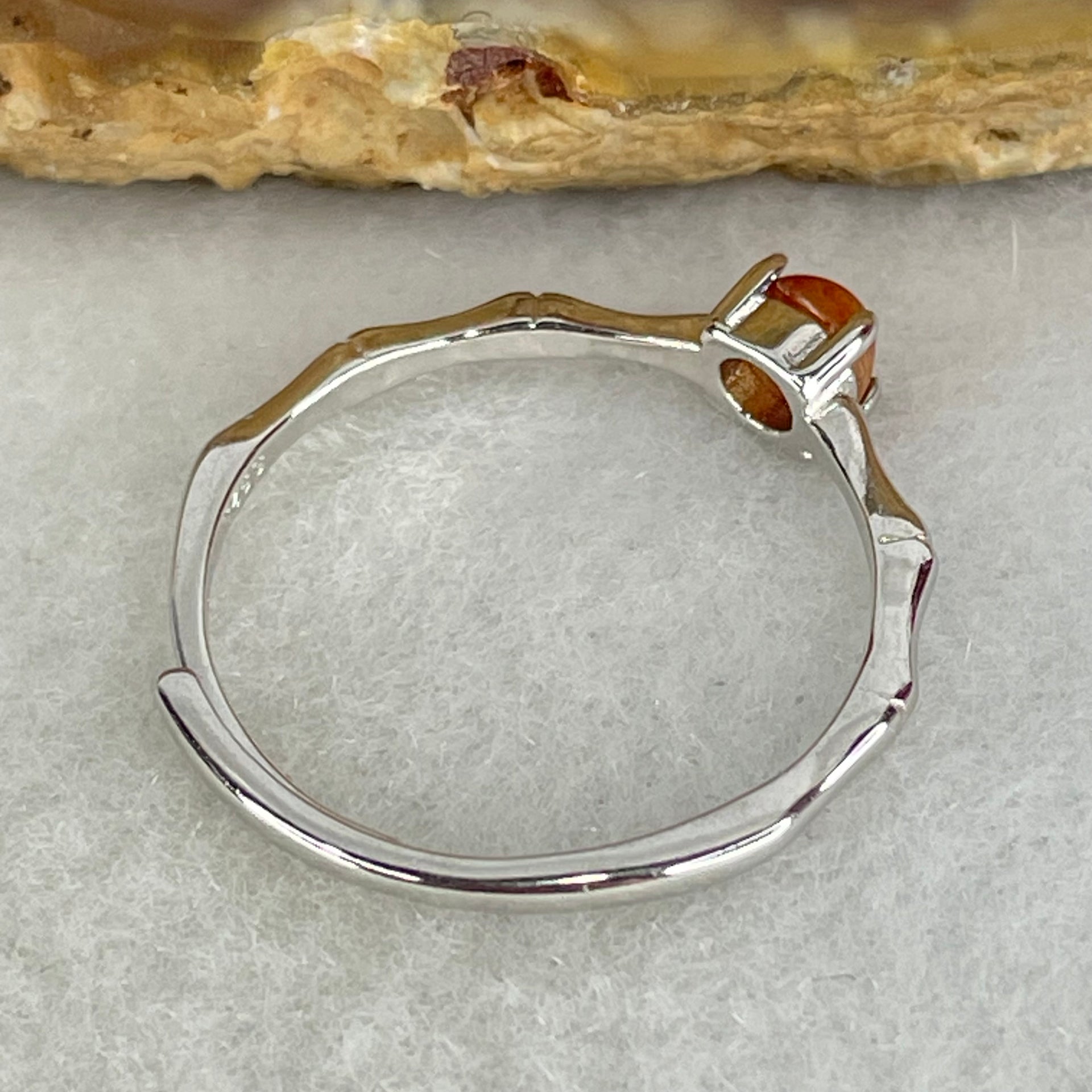 Type A Red Cabochon Jadeite in S925 Sliver Bamboo Ring (Adjustable Size) 1.00g 4.2 by 3.0mm - Huangs Jadeite and Jewelry Pte Ltd