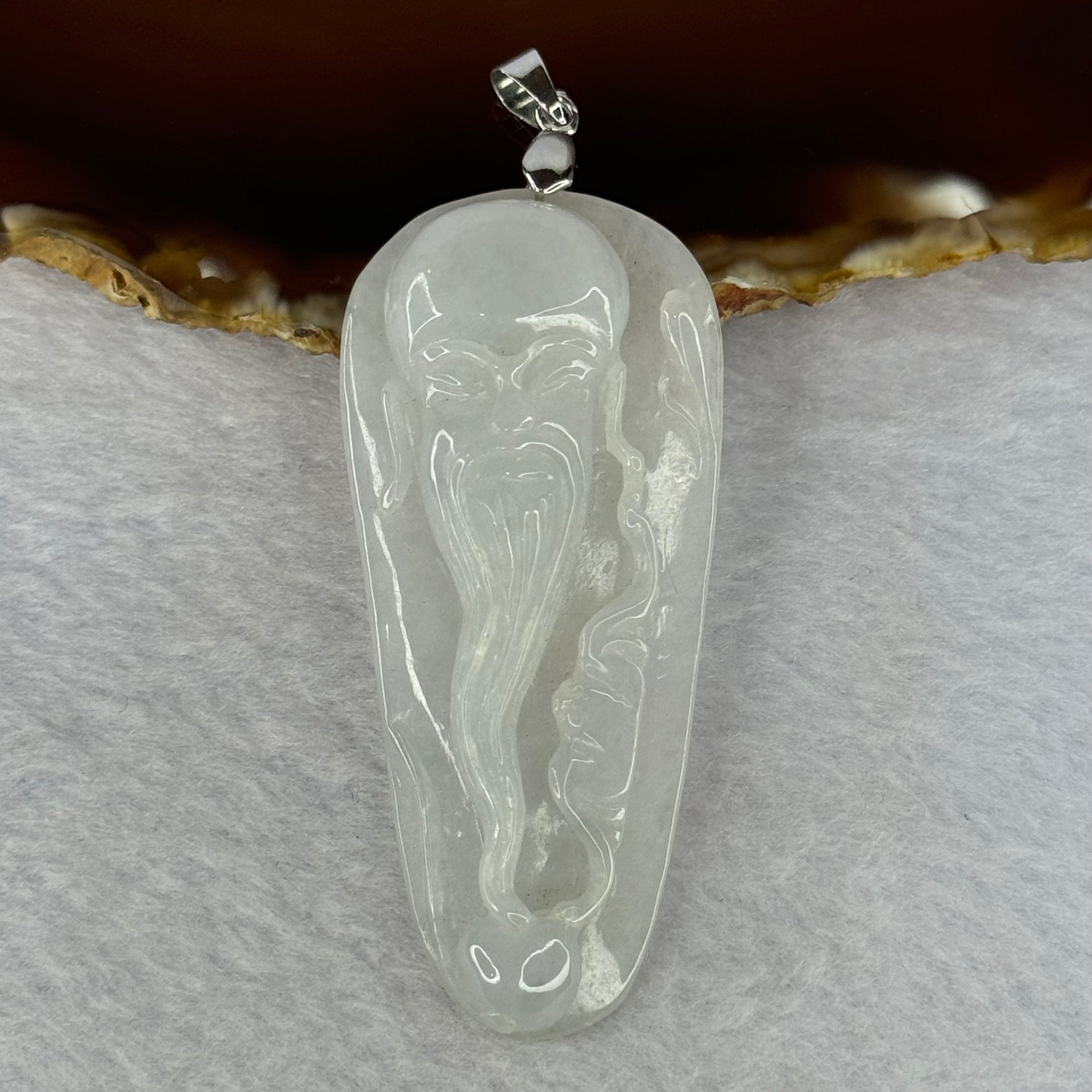Type A Light Lavender Green Jadeite Shou Xing Gong Pendent With 18KGP Sliver Claps 24.08g 64.4 by 29.3 by 9.8mm - Huangs Jadeite and Jewelry Pte Ltd