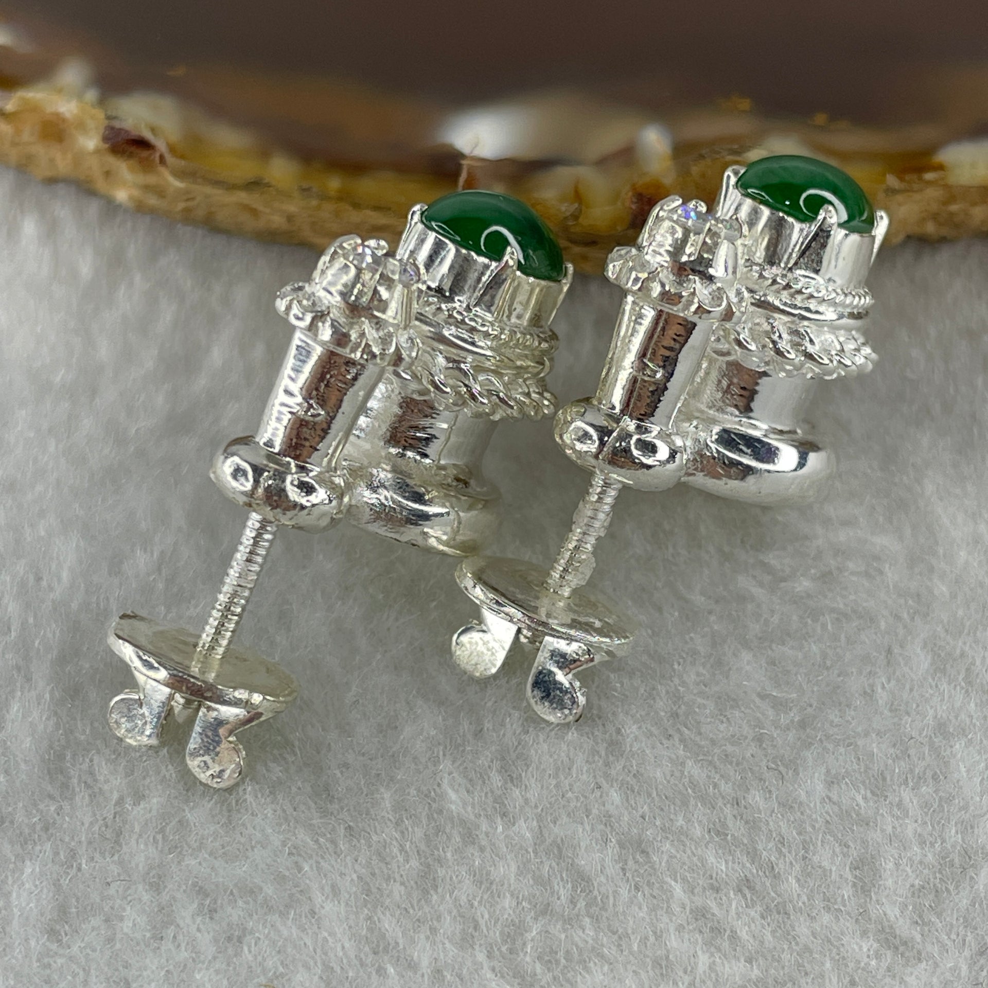 Type A Natural Full Old Mine Spicy Green Jadeite Cabochon 9.1 by 6.8 by 3.5mm Stone for Setting 20.59g (On Silver Earrings Mold) - Huangs Jadeite and Jewelry Pte Ltd