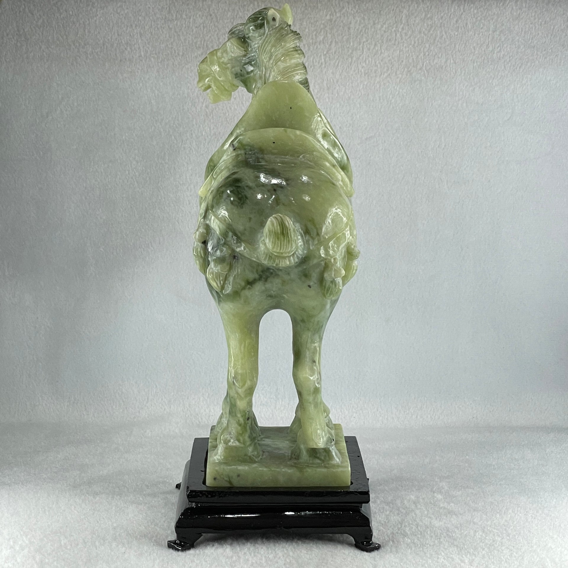 Natural Green Serpentine Victory Horse with Wooden Stand Display 2,539.2g 187.0 by 273.0 by 110.0mm - Huangs Jadeite and Jewelry Pte Ltd