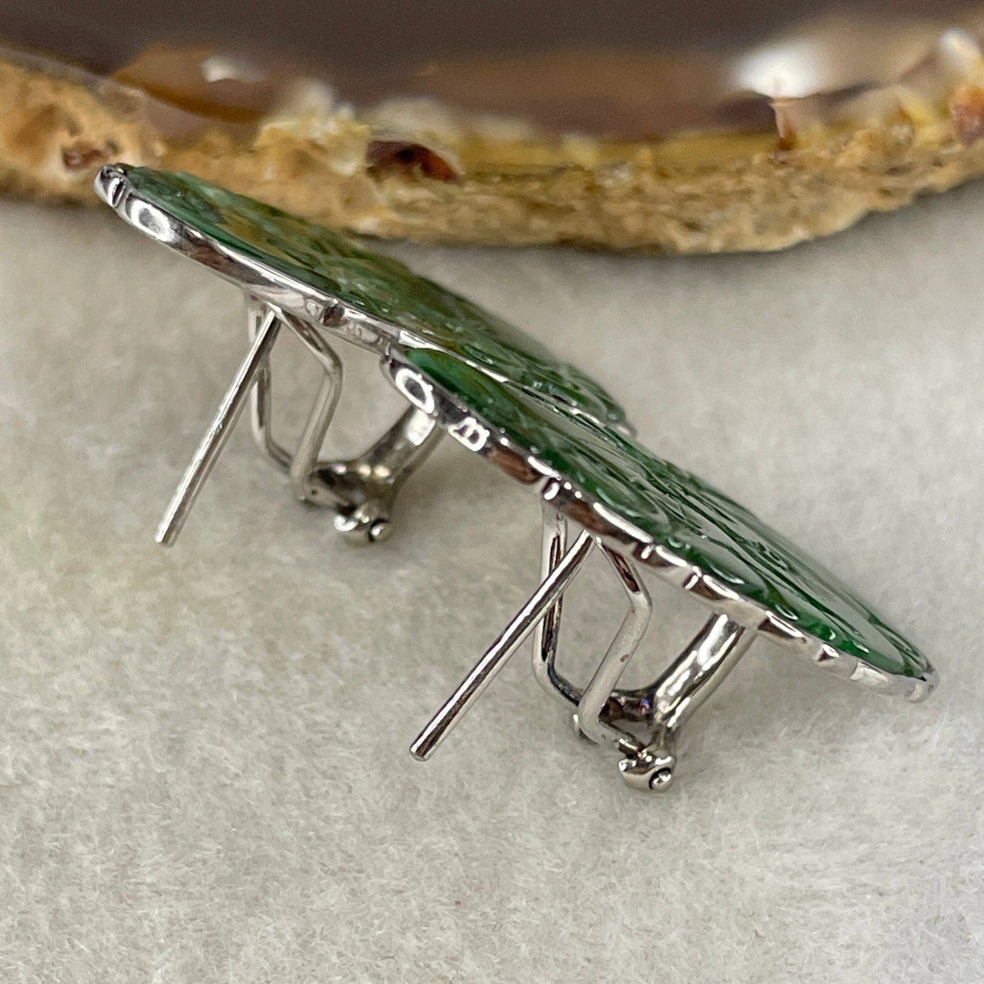 Antique Natural Type A Oldmine Spicy Green Jadeite Ruyi and Coin With S925 Sliver Earrings 10.16g 29.0 by 17.8 by 1.0mm - Huangs Jadeite and Jewelry Pte Ltd