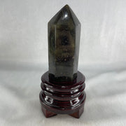 Good Grade Natural Labradorite Tower with Wooden Stand Display 397.7g 150.8 by 71.6 by 69.3mm - Huangs Jadeite and Jewelry Pte Ltd