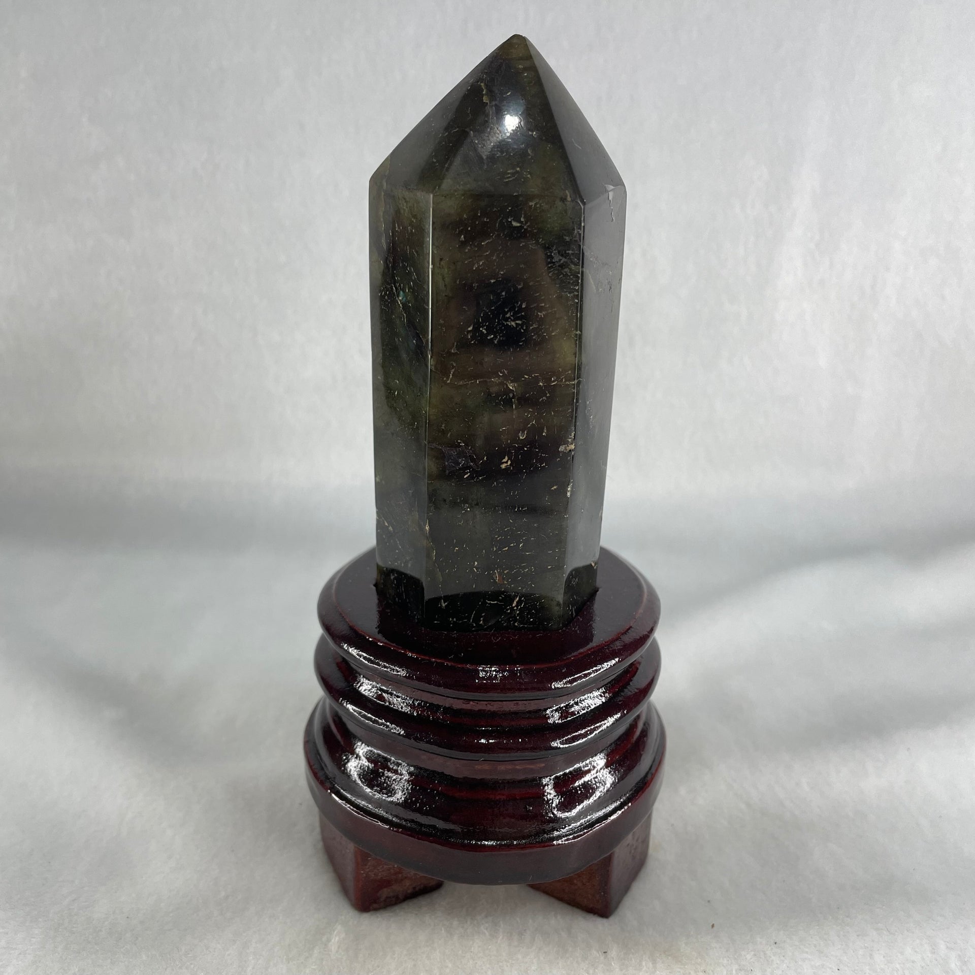 Good Grade Natural Labradorite Tower with Wooden Stand Display 397.7g 150.8 by 71.6 by 69.3mm - Huangs Jadeite and Jewelry Pte Ltd