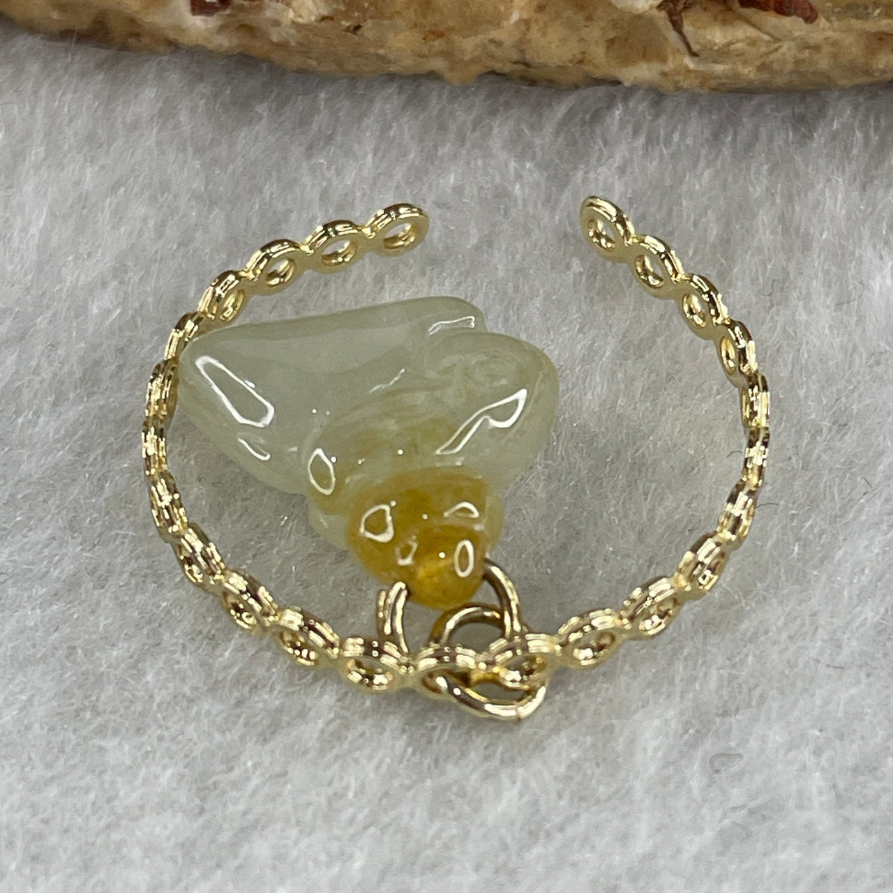 Natural Type A Semi Icy Faint Green with Yellowish Jadeite Rabbit on Gold Color Ring 1.38g 11.9 by 9.8 by 4.5mm