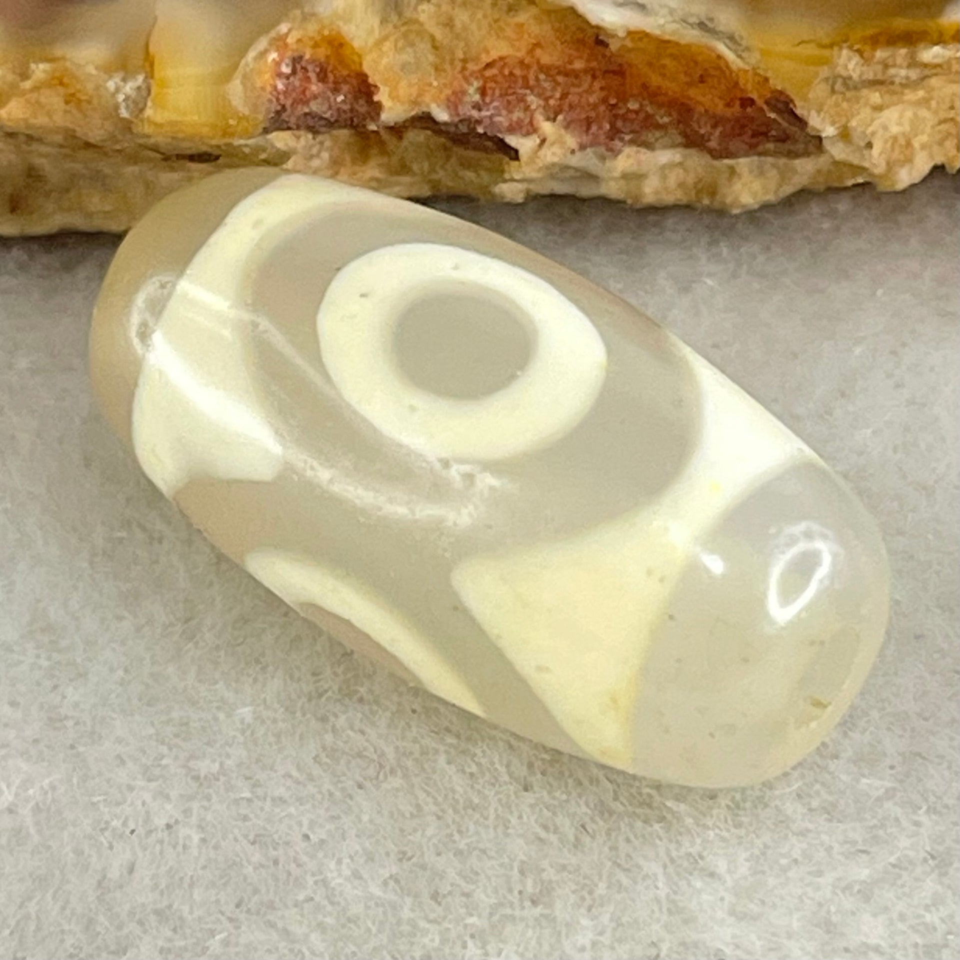 Natural Powerful Tibetan Old Oily Agate 3 Eyes Dzi Bead Heavenly Master (Tian Zhu) 三眼天诛 3.02g 20.1 by 10.2mm - Huangs Jadeite and Jewelry Pte Ltd