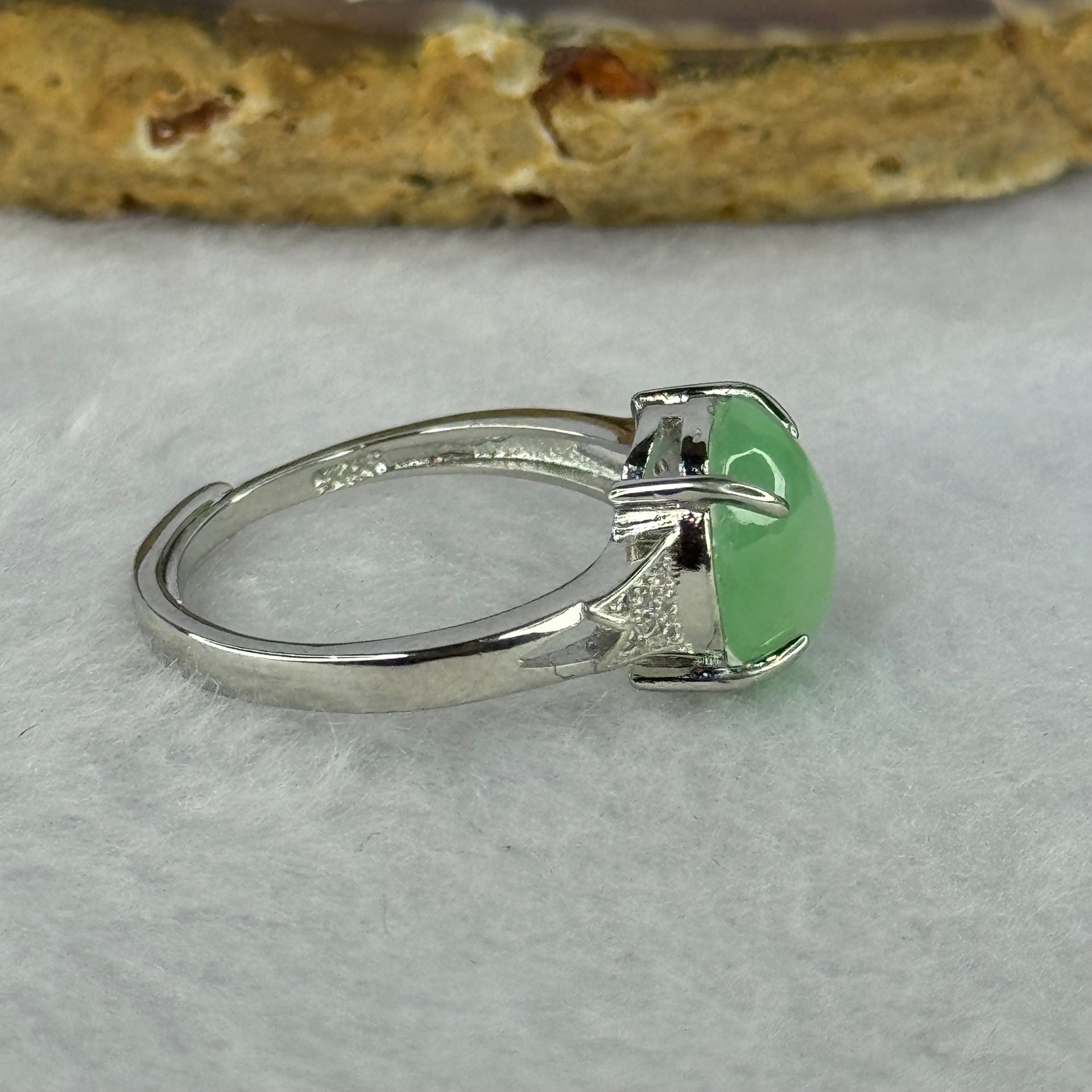 Type A Green Jadeite with Crystals in S925 Sliver Ring (Adjustable Size) 2.61g 11.2 by 9.3 by 4.5mm - Huangs Jadeite and Jewelry Pte Ltd