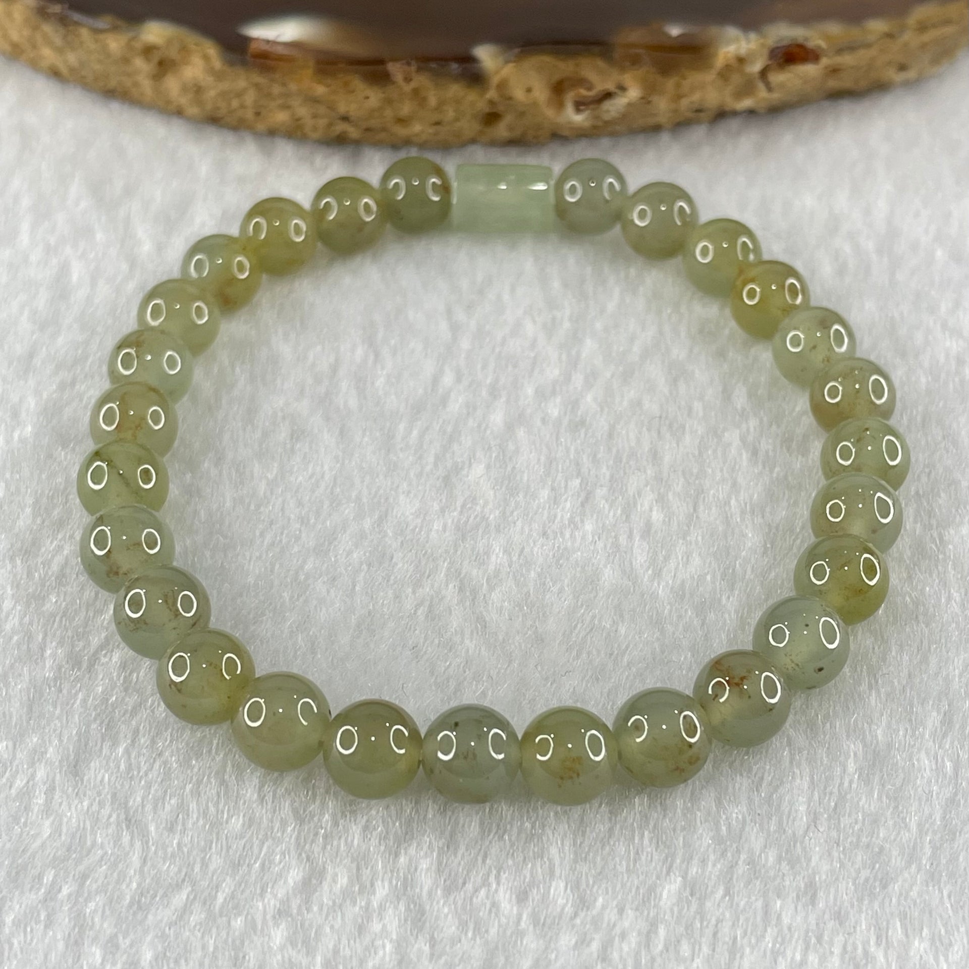 Type A Brownish Semi Icy Light Blueish Green and Yellow Jadeite Beads with White Lulu Tong Bracelet 13.12g 15.5cm 6.5cm 27 Beads 8.5 by 5.8 1pcs - Huangs Jadeite and Jewelry Pte Ltd