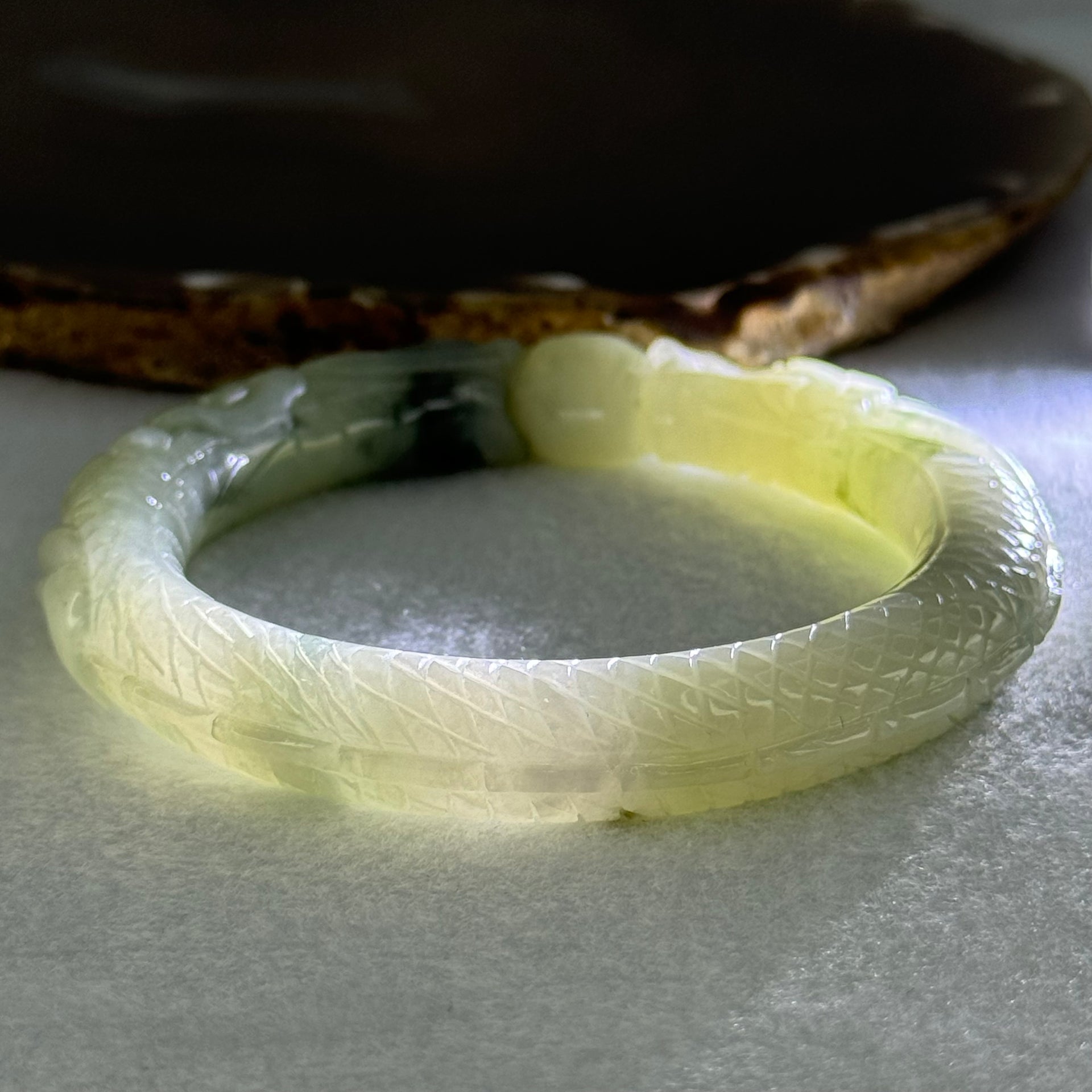 Type A Light Green with Moss Green Piao Hua Jadeite Dragon Bangle Internal Diameter 57.1mm 62.53g 11.5 by 12.4mm (Internal Line) - Huangs Jadeite and Jewelry Pte Ltd